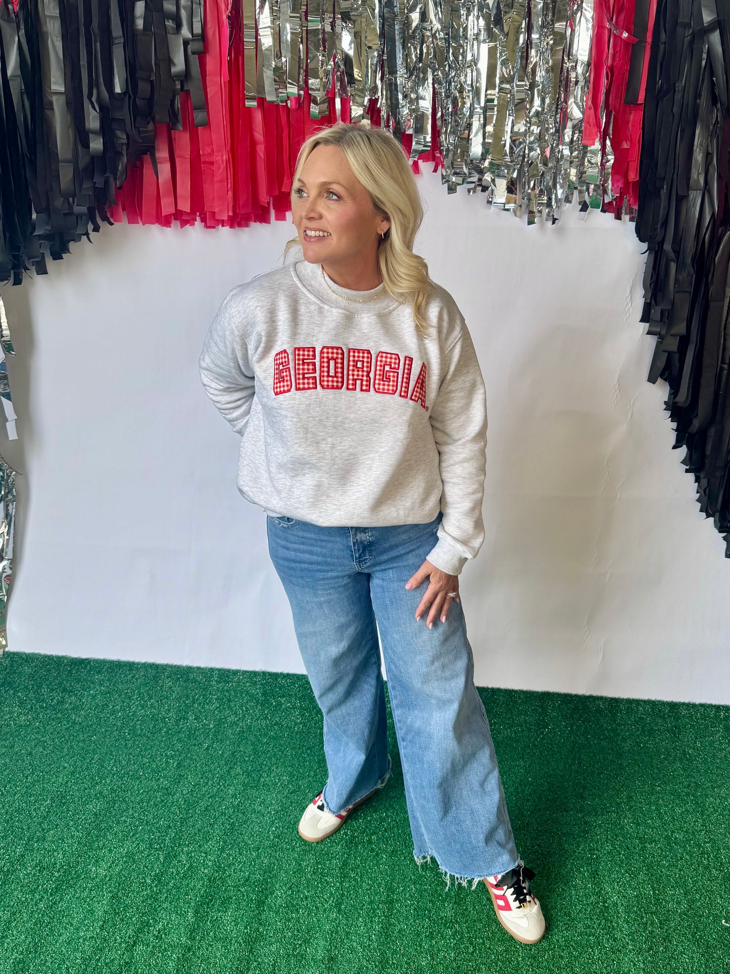 Licensed mock neck ash gray gingham embroidered Georgia