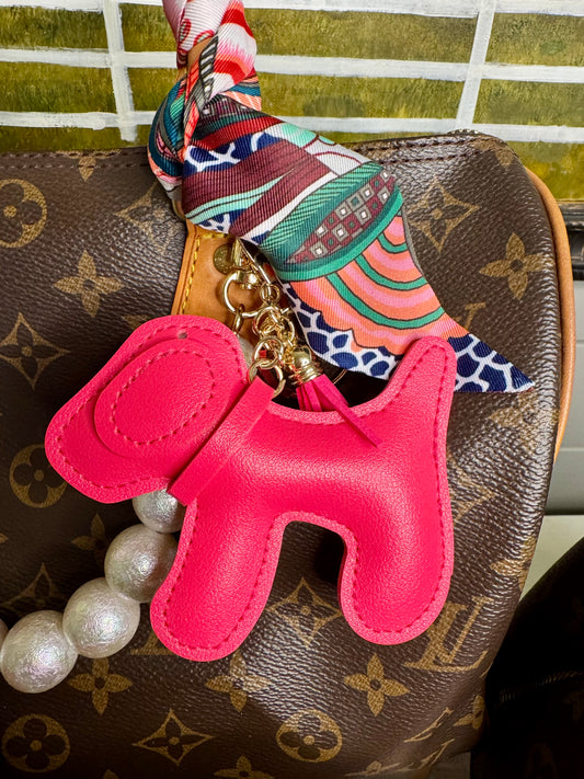 Pink dog purse charm key chain with tassel