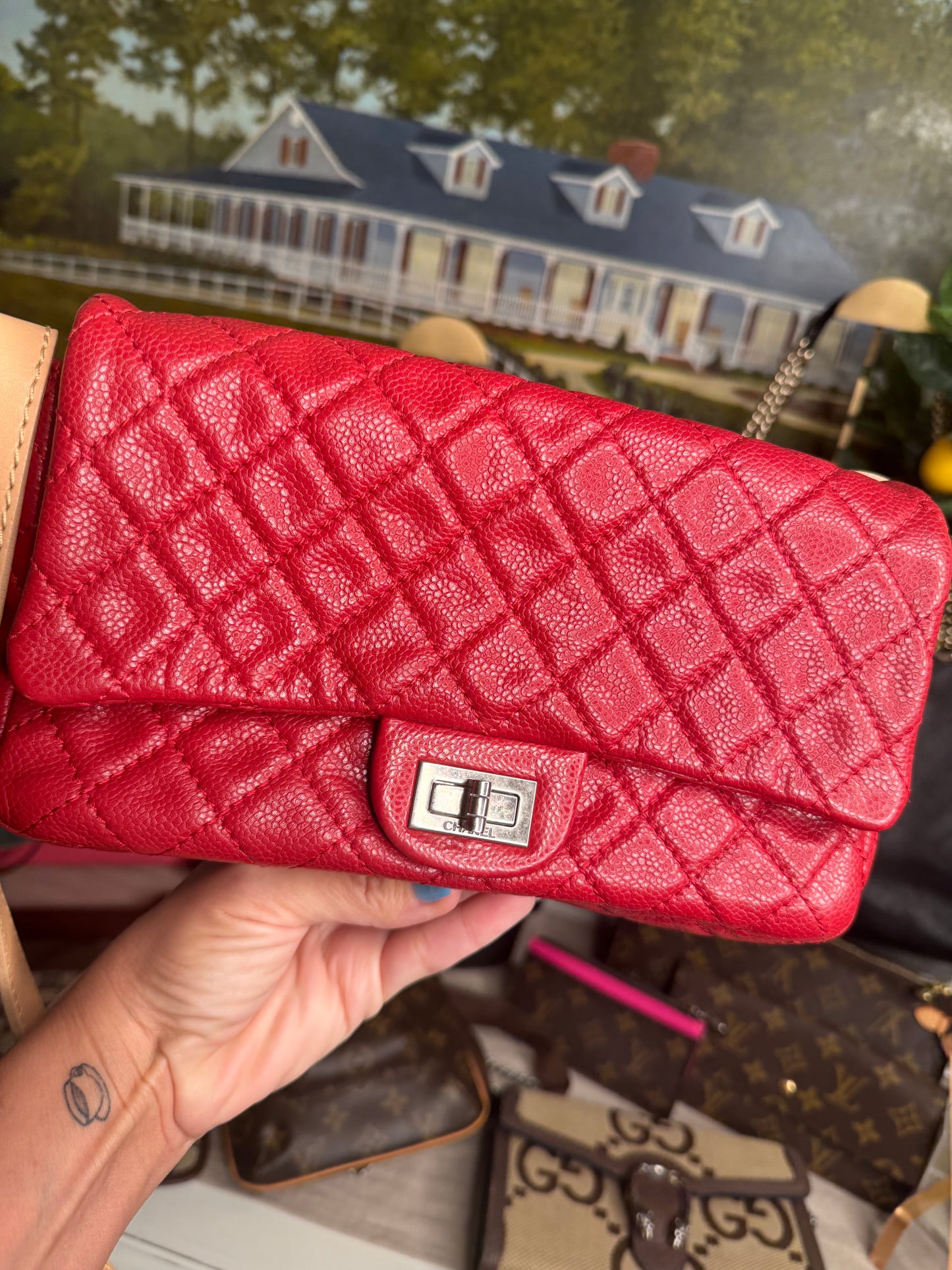 pre loved Chanel Red Hishige Caviar Shoulder Bag Silver Shoulder Back Bag Red Shoulder Bag Caviar (grained Calf) AB