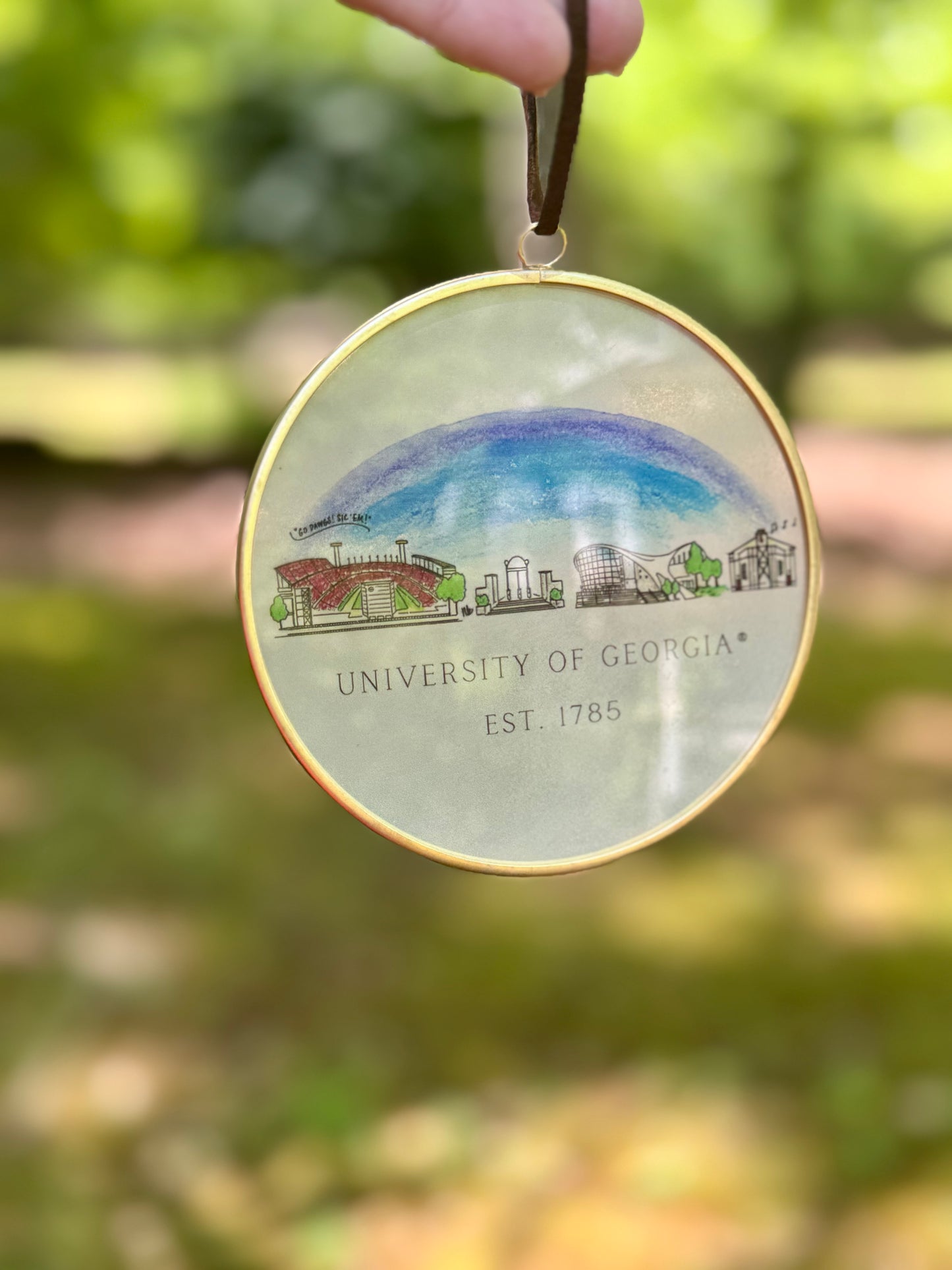 Licensed georgia UGA skyline brass and glass ornament