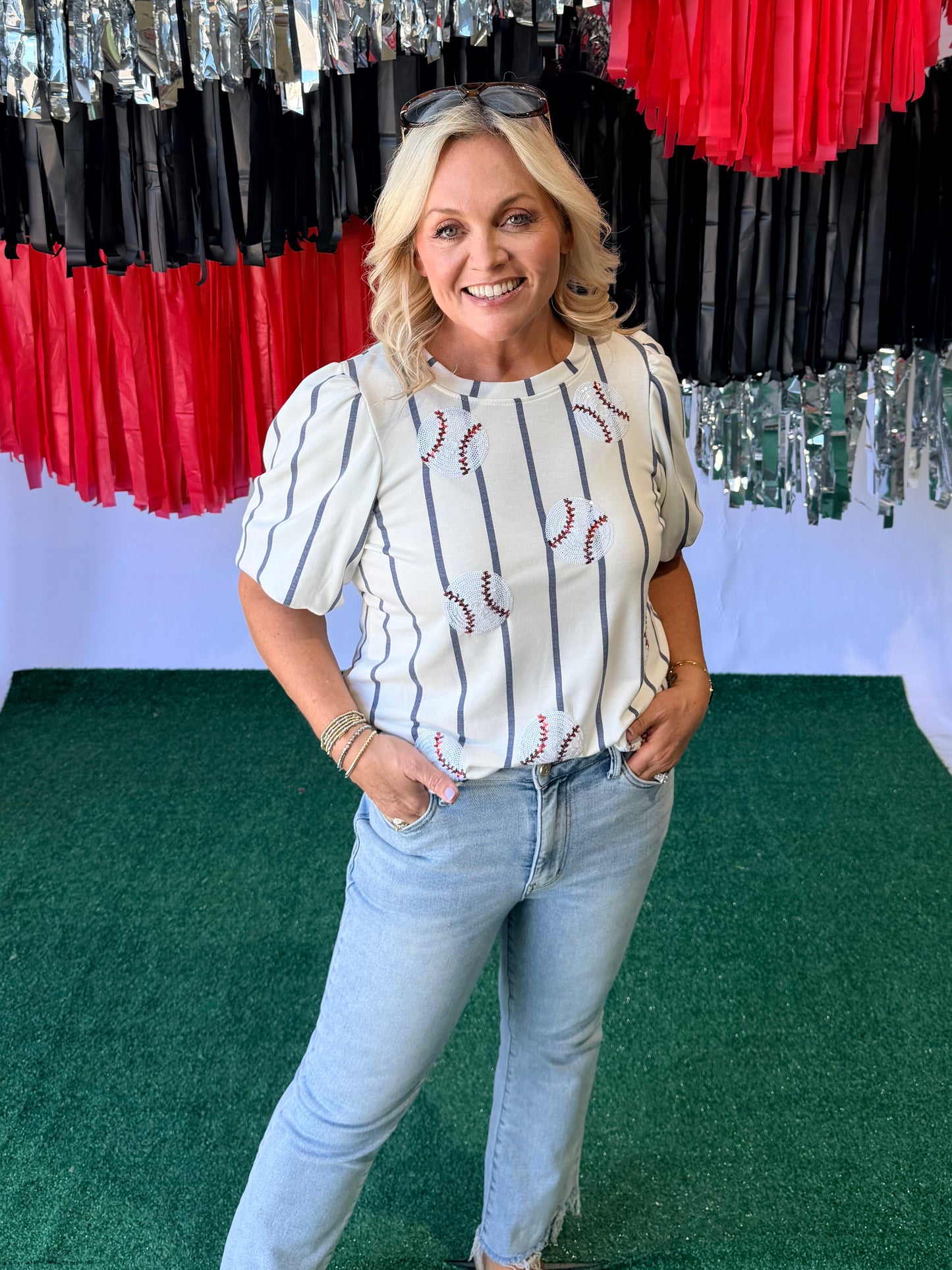 Sequin baseball ⚾️ top Super soft pinstripe white and navy warehouse sale clearance marked down