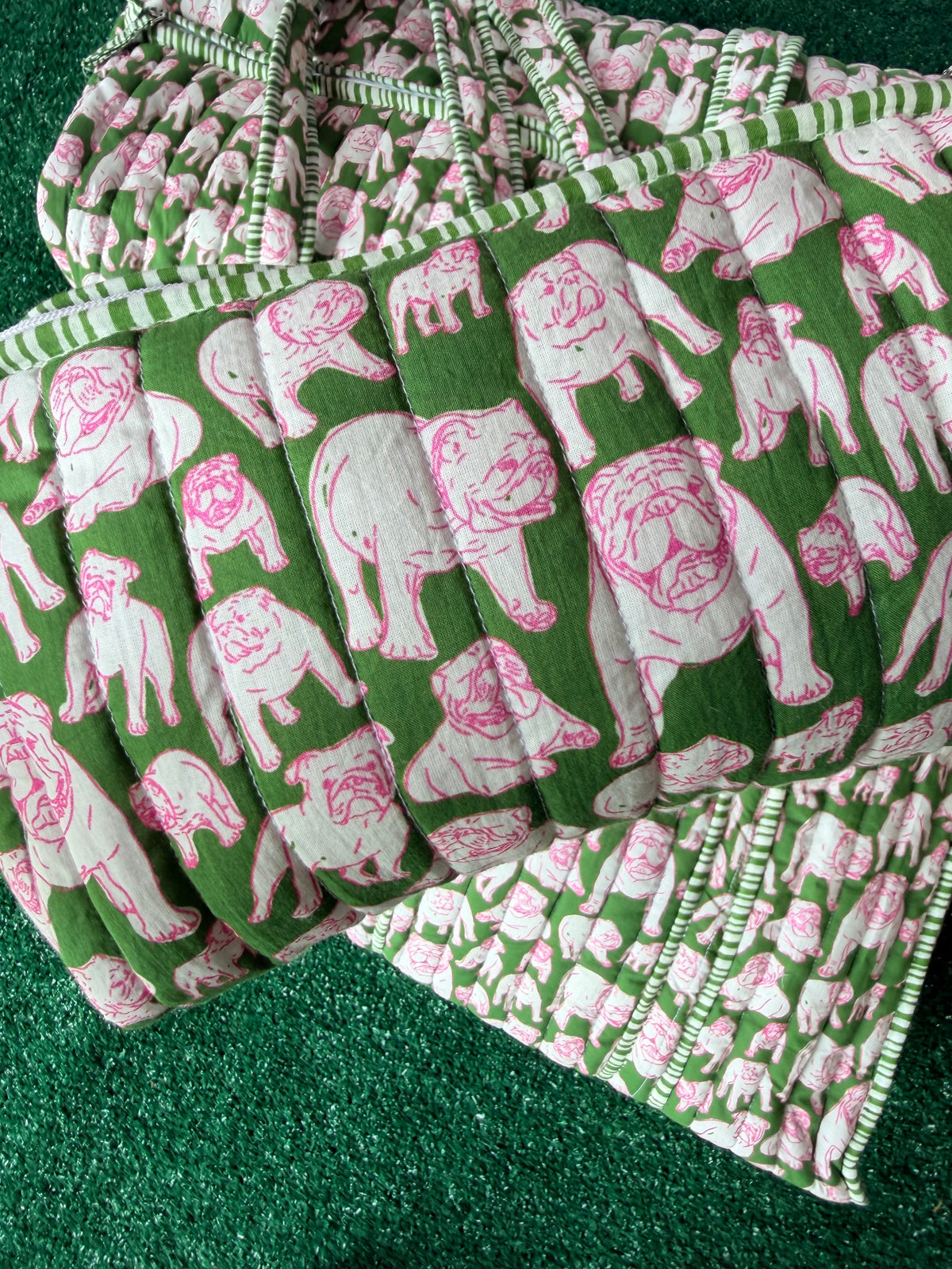 Green and pink quilted bulldog cosmetic bag