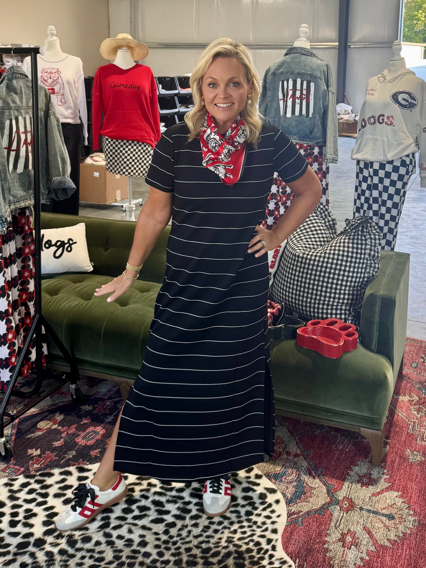 Modal scuba black and white striped maxi dress
