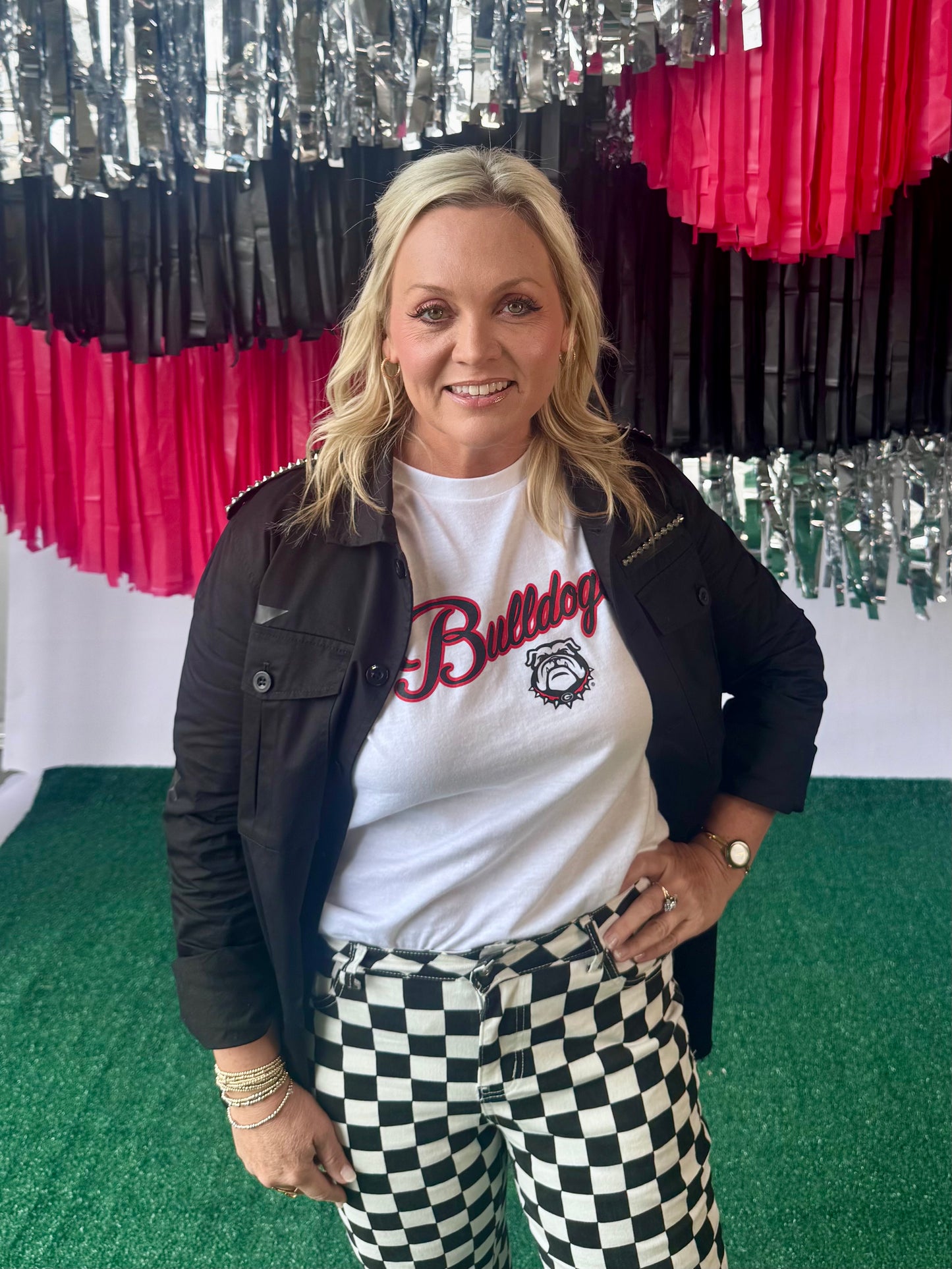 Game day black and white checked distressed raw edge jeans