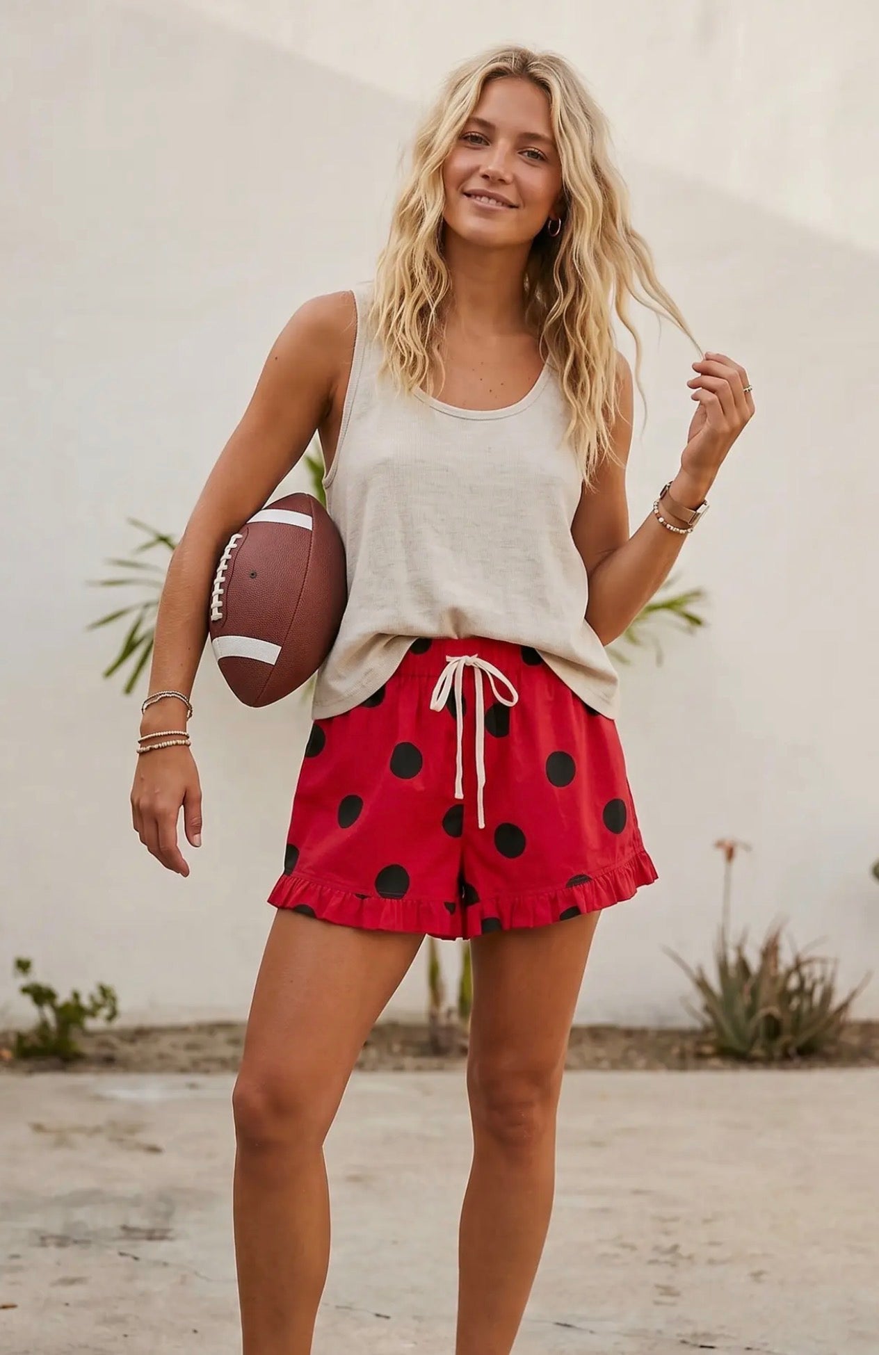 Ruffle game day red and black polka dot shorts
