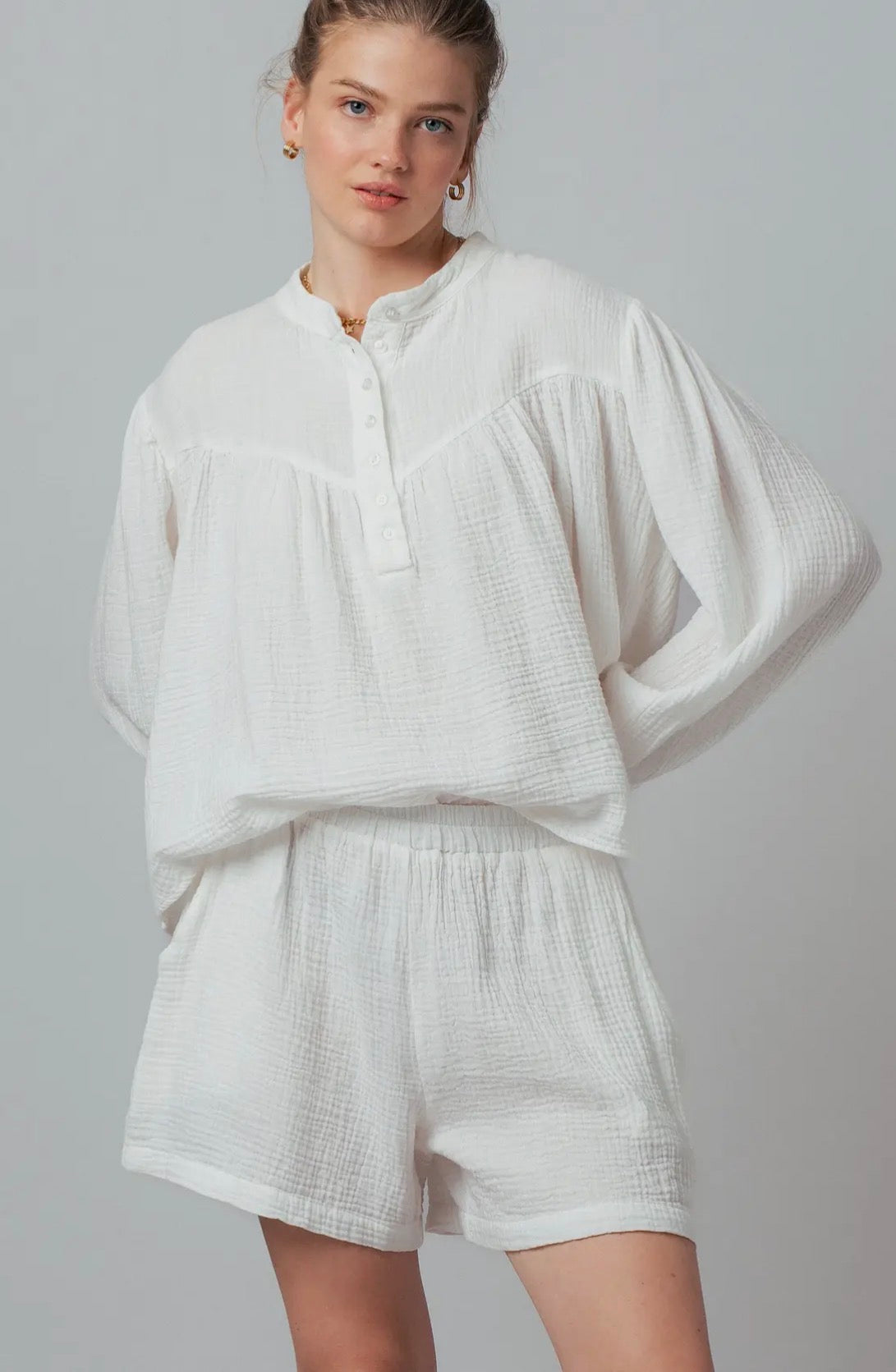 White gauze flowy top and matching shorts