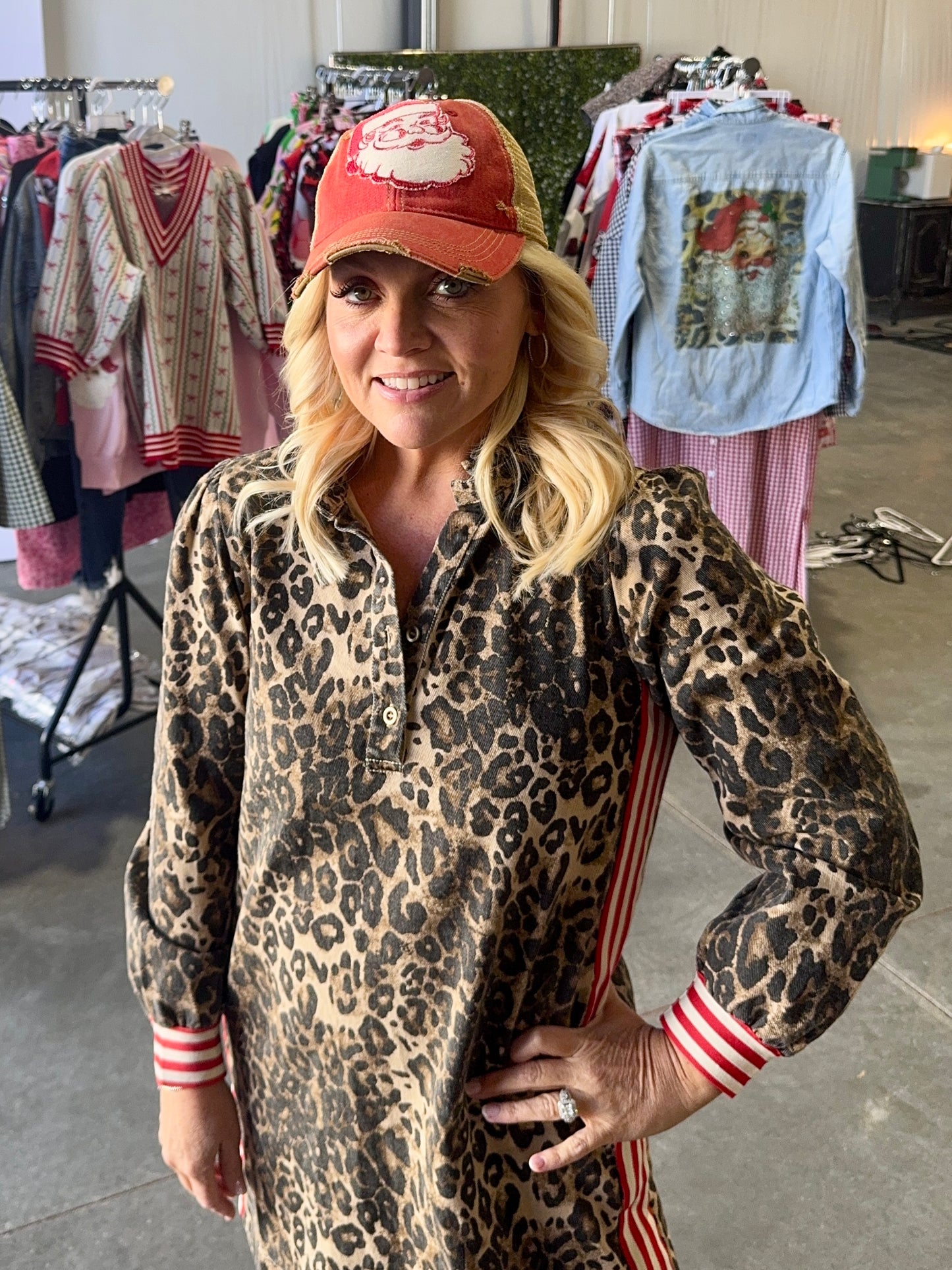 Leopard dress with stipe detail