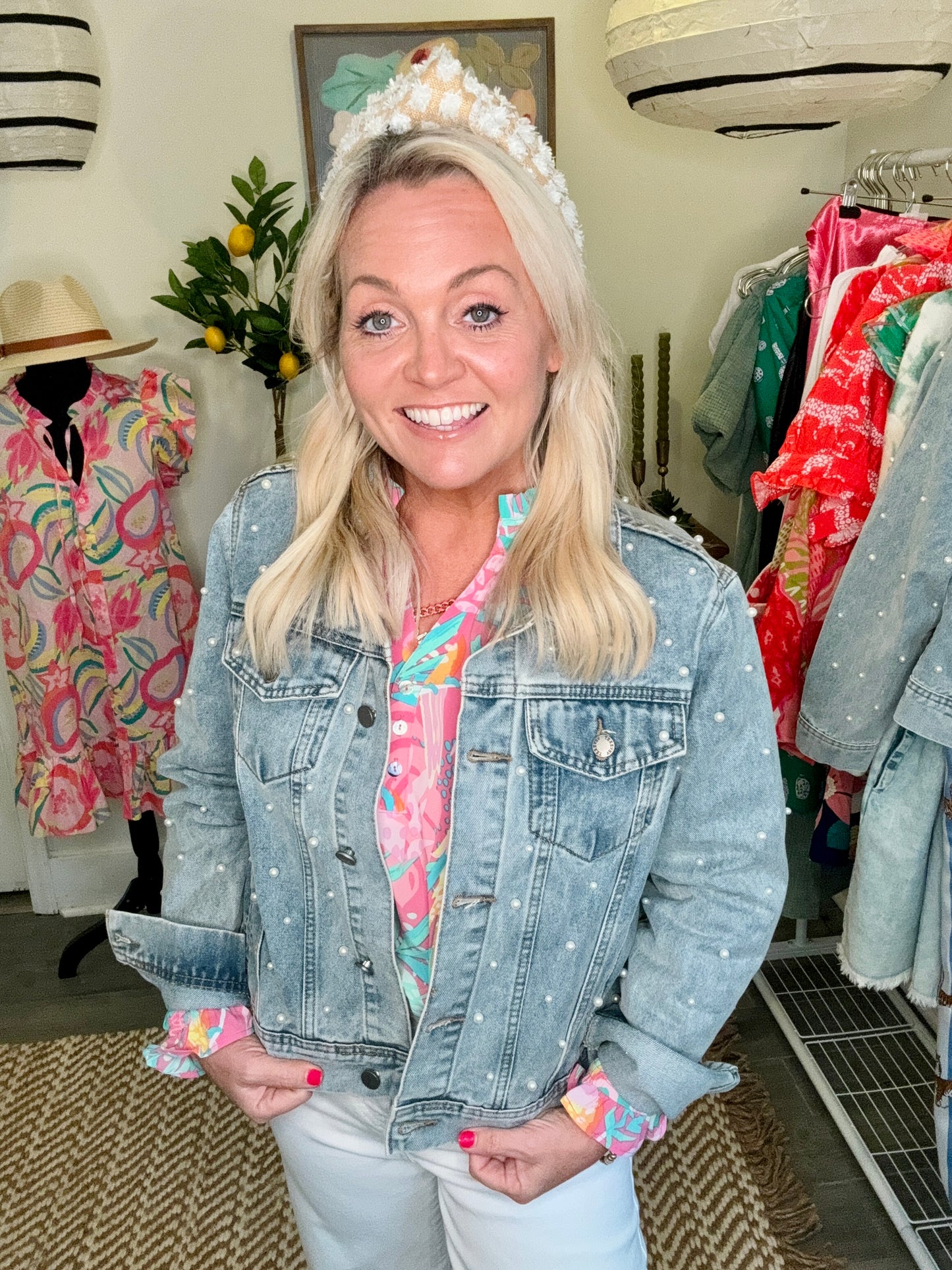 Denim jacket with pearls warehouse sale!