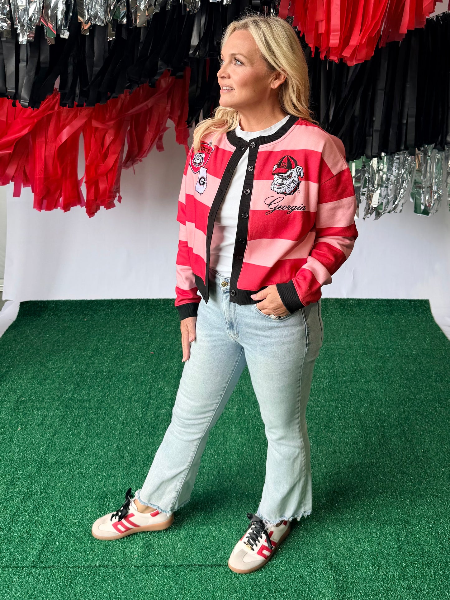 Pink and red striped cardigan with patches licensed up to 3X