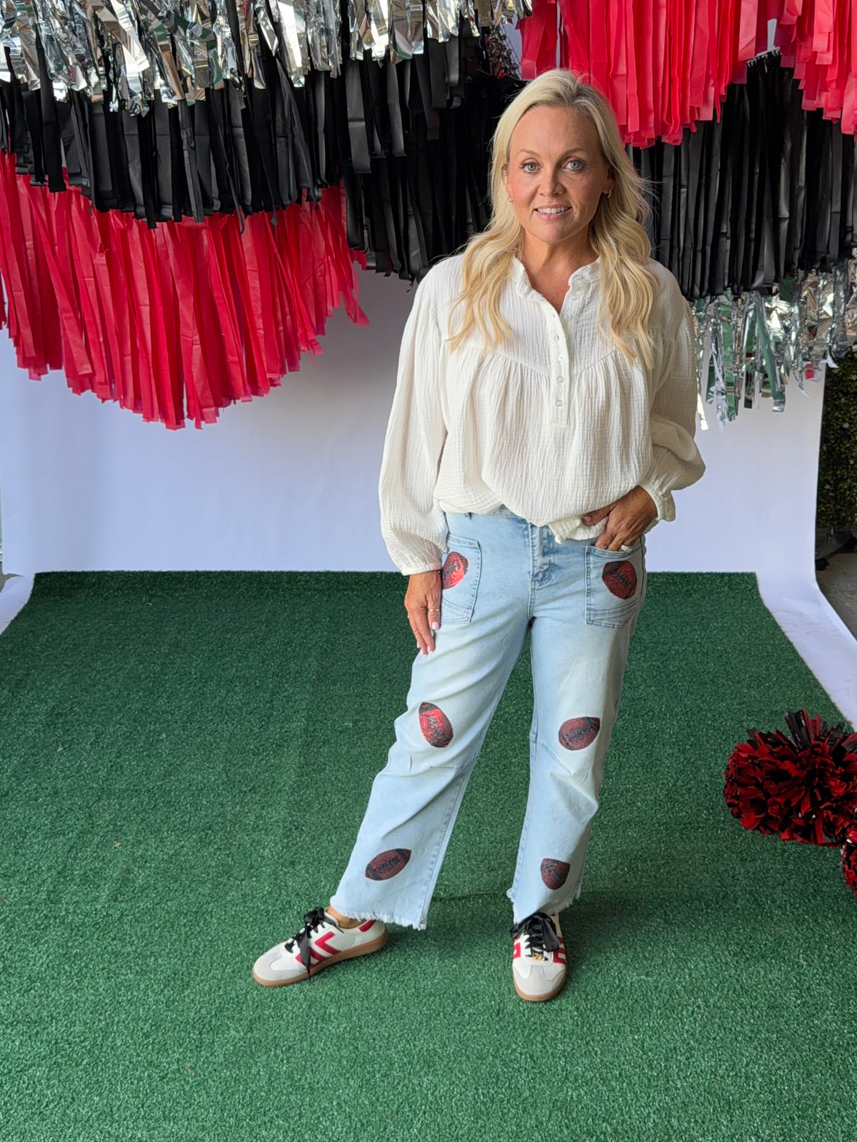 Denim jeans sequin red footballs