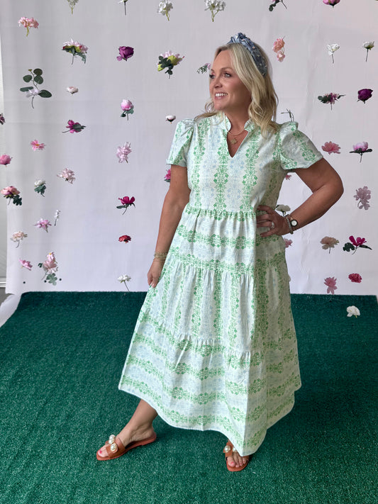 Green and blue and white short sleeve dress up to 2X