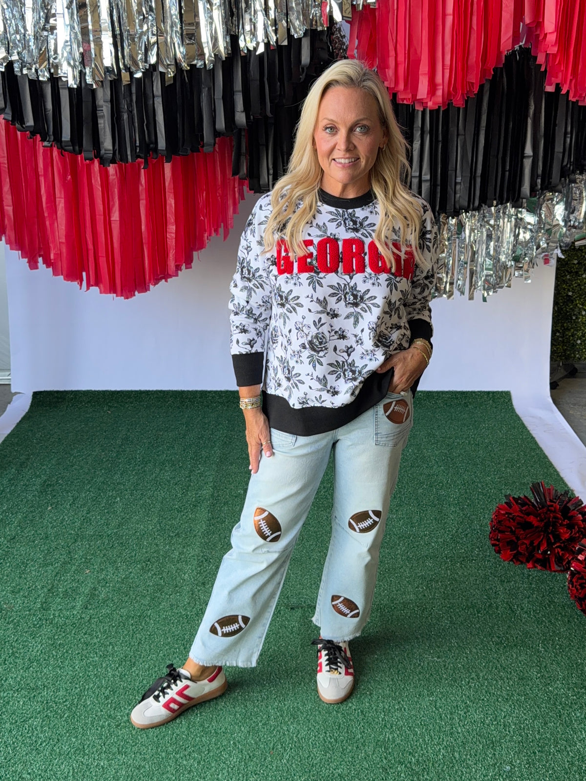 Denim jeans sequin red footballs