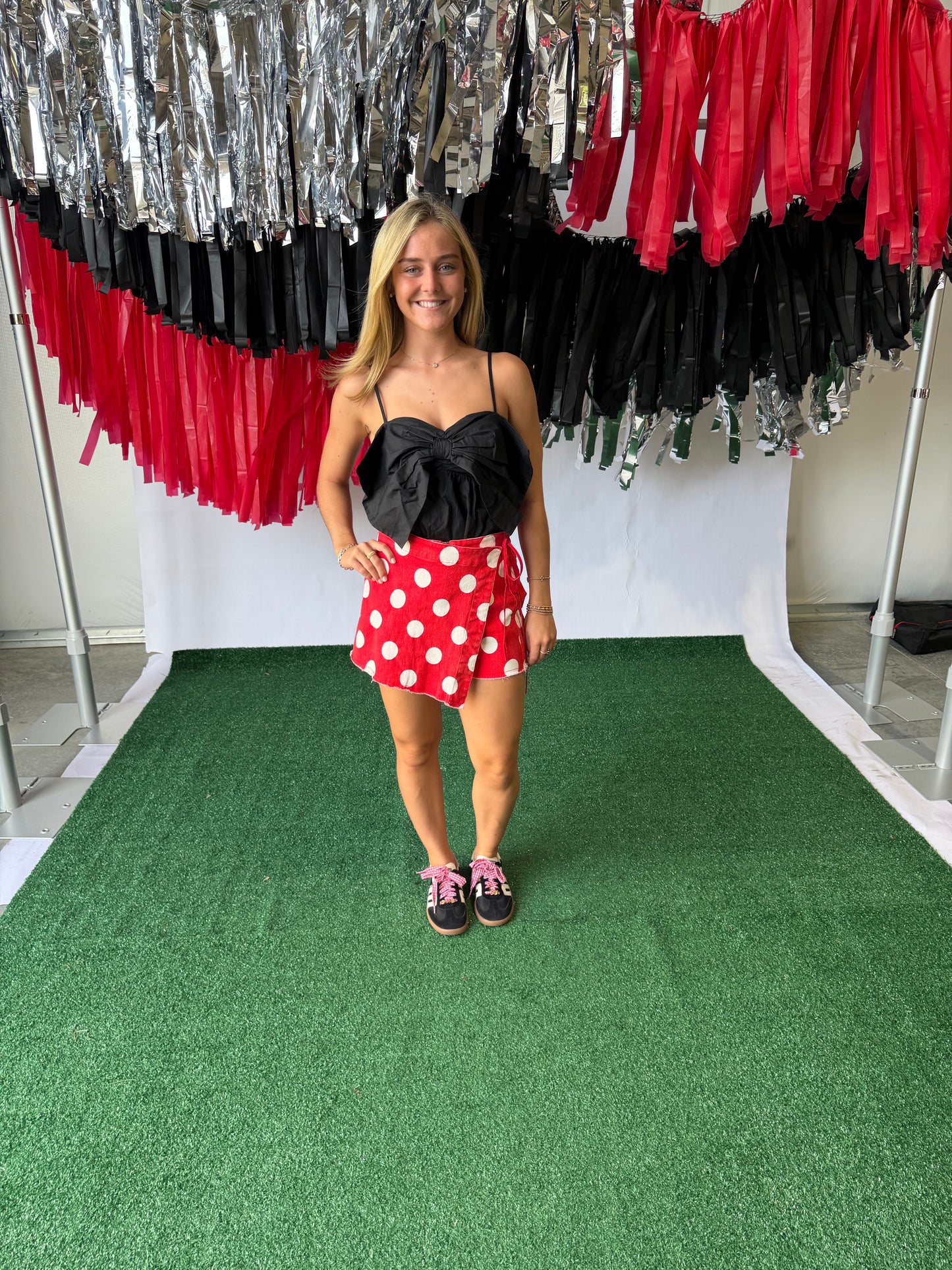 Game day Polka dot overlay wrap front skort red