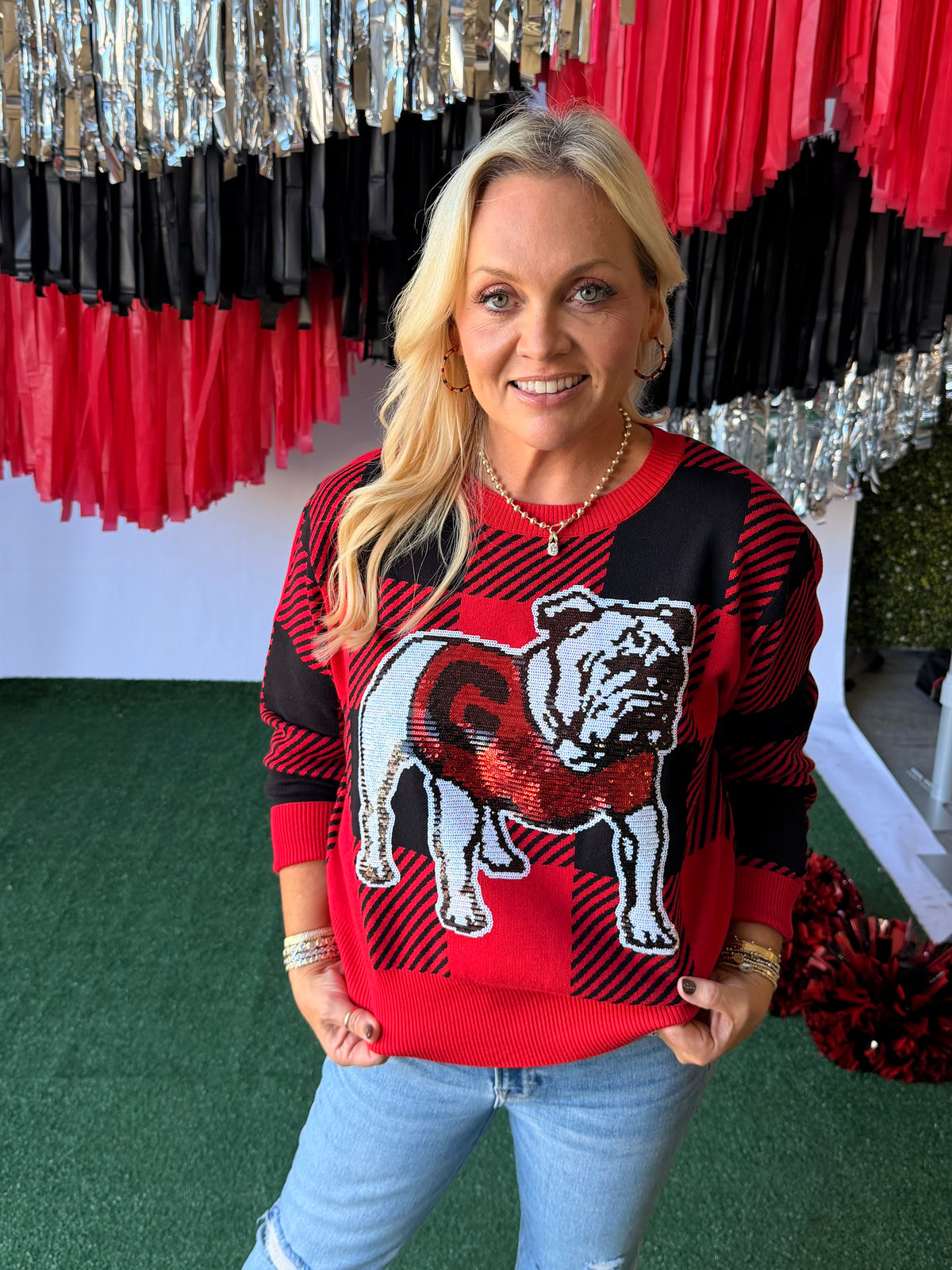 Licensed black and red sweater sequin bulldog