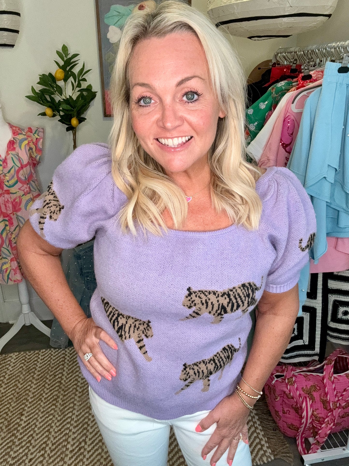 Lavender tiger short sleeve sweater warehouse sale