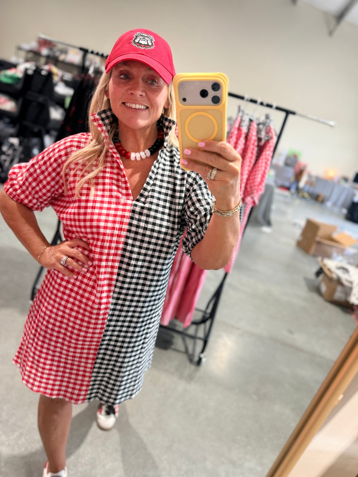 Gingham black and red and white shorter version dress