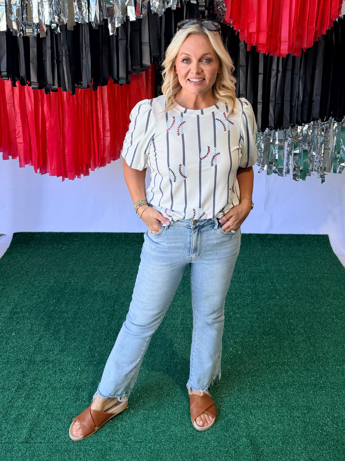 Sequin baseball ⚾️ top Super soft pinstripe white and navy warehouse sale clearance marked down