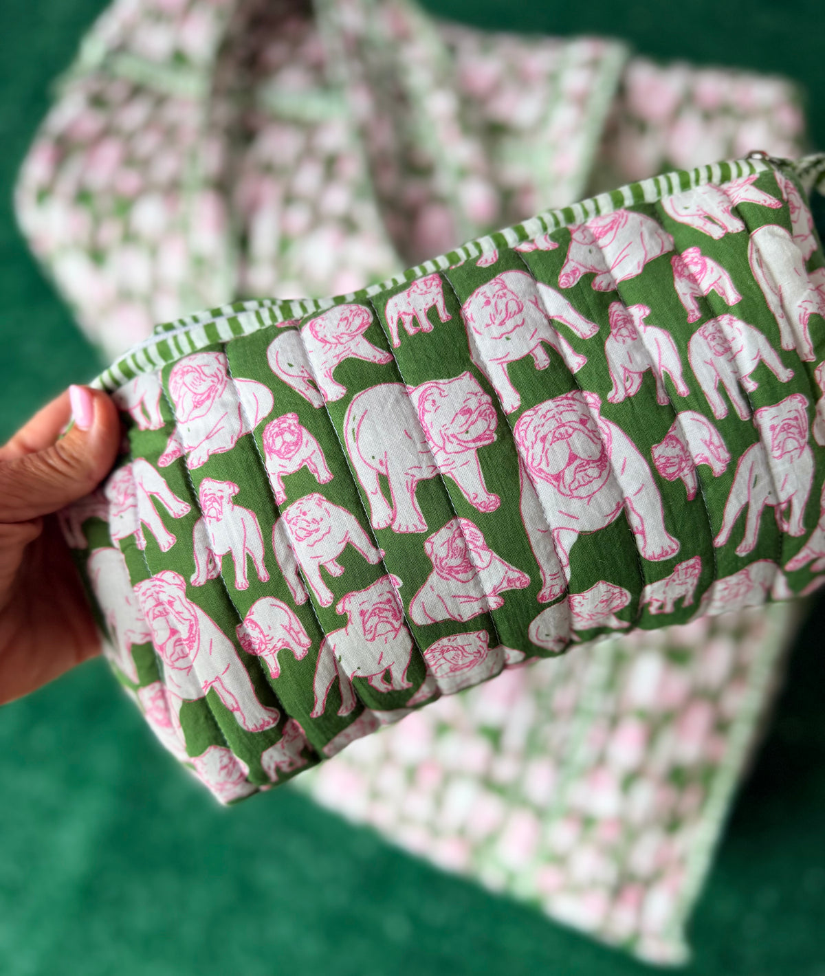 Green and pink quilted bulldog cosmetic bag