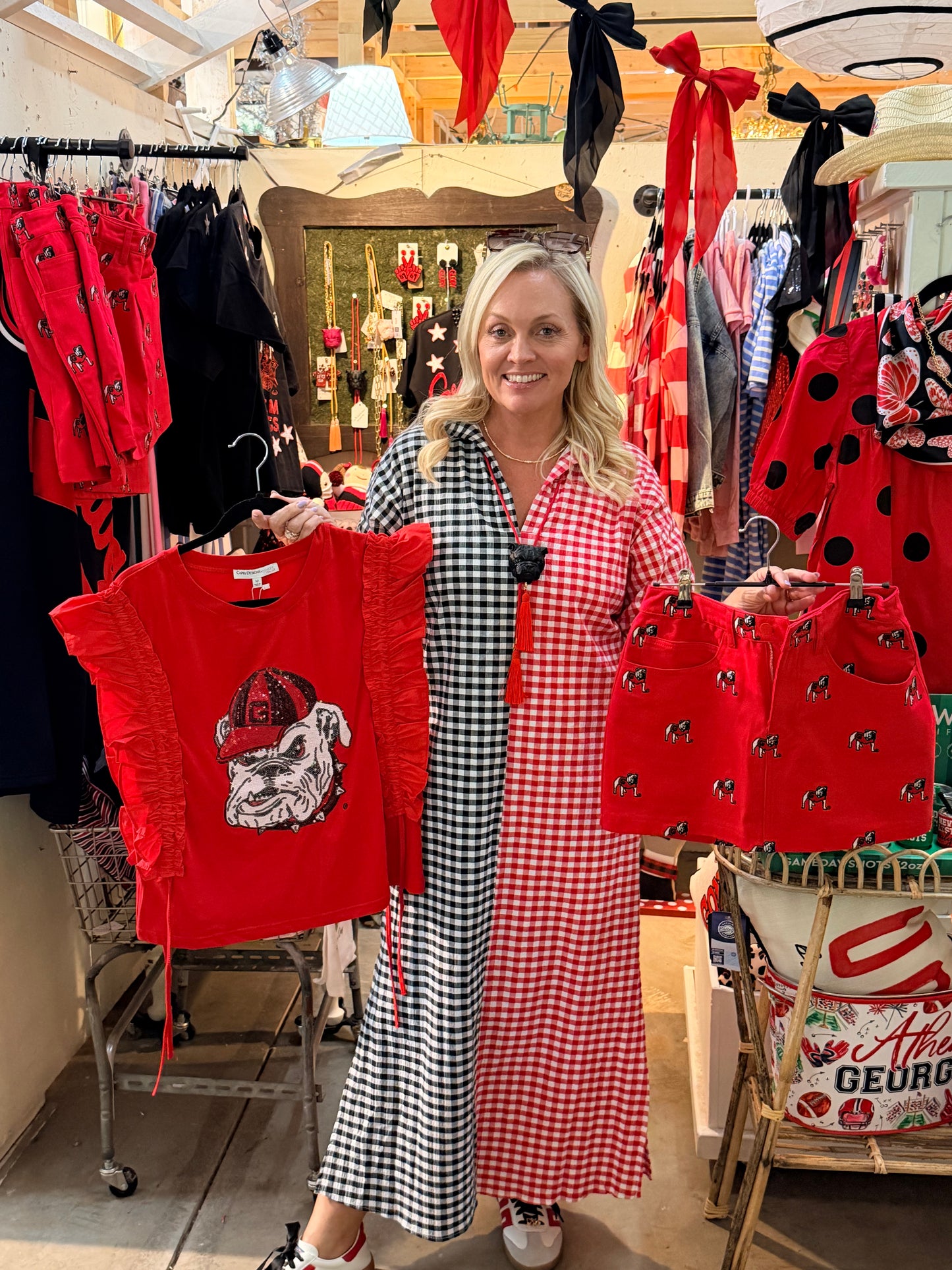 Gingham red and black maxi shirt dress