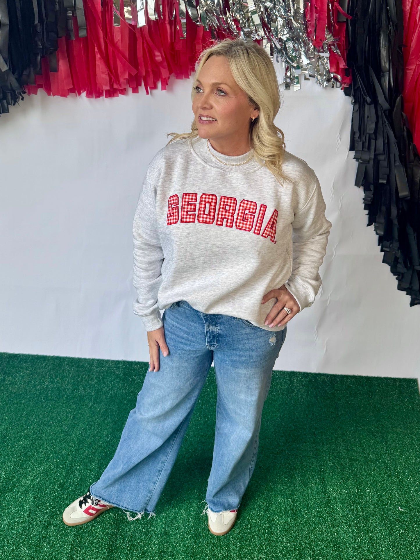 Licensed mock neck ash gray gingham embroidered Georgia