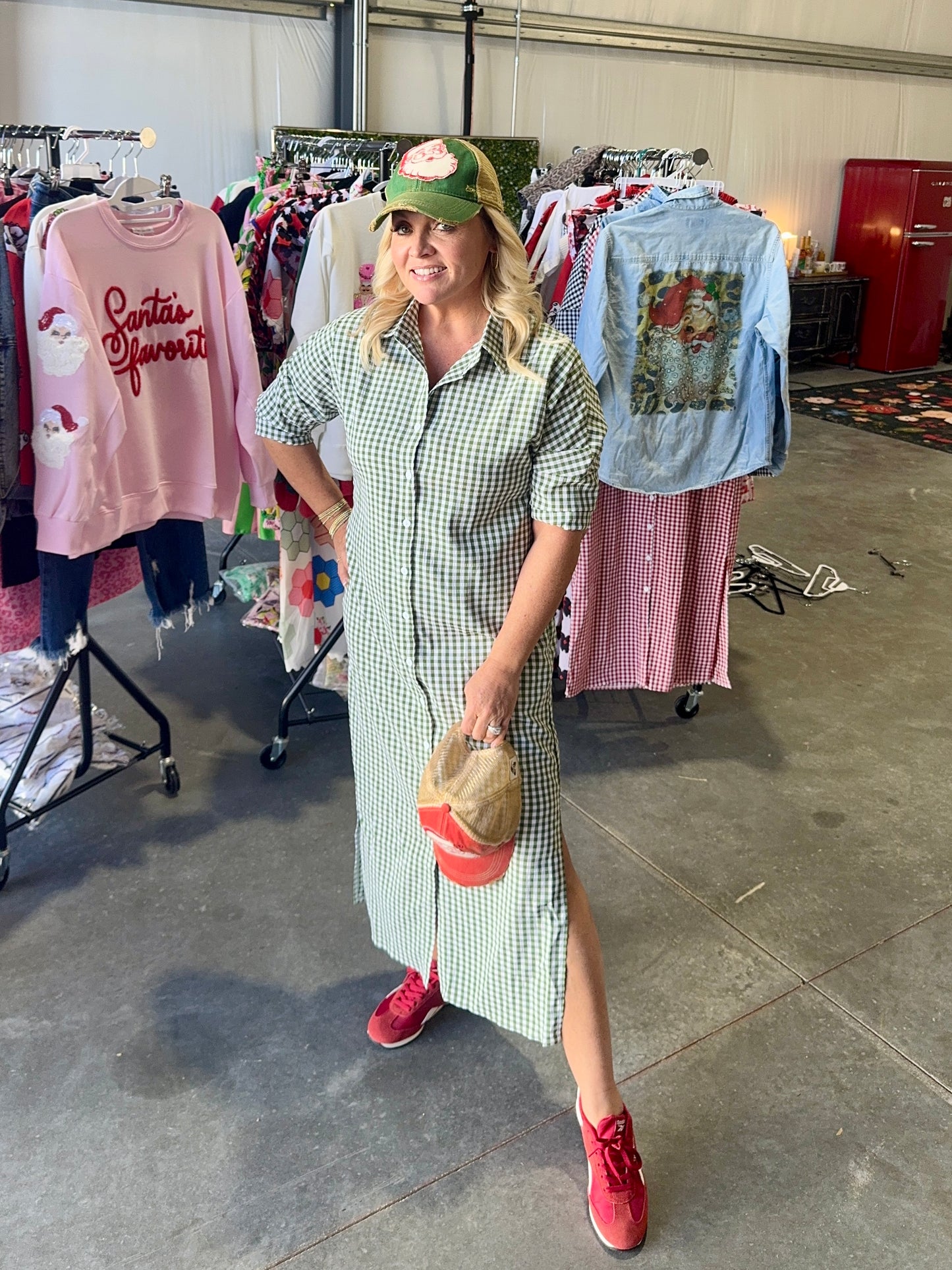 Green gingham shirt dress