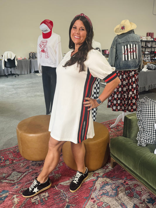 New cream knit dress with stripes