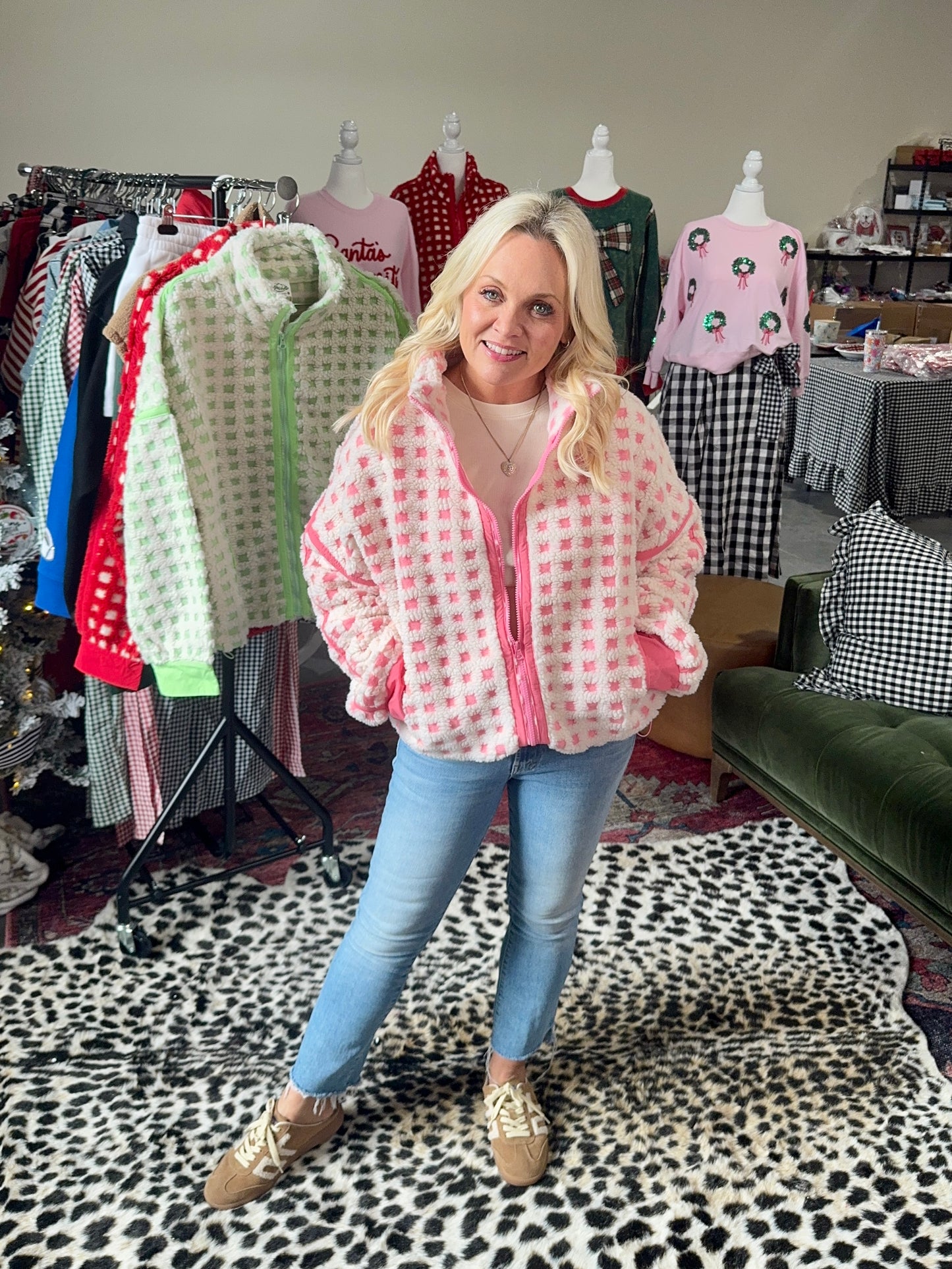 Pink and cream checked Sherpa jacket