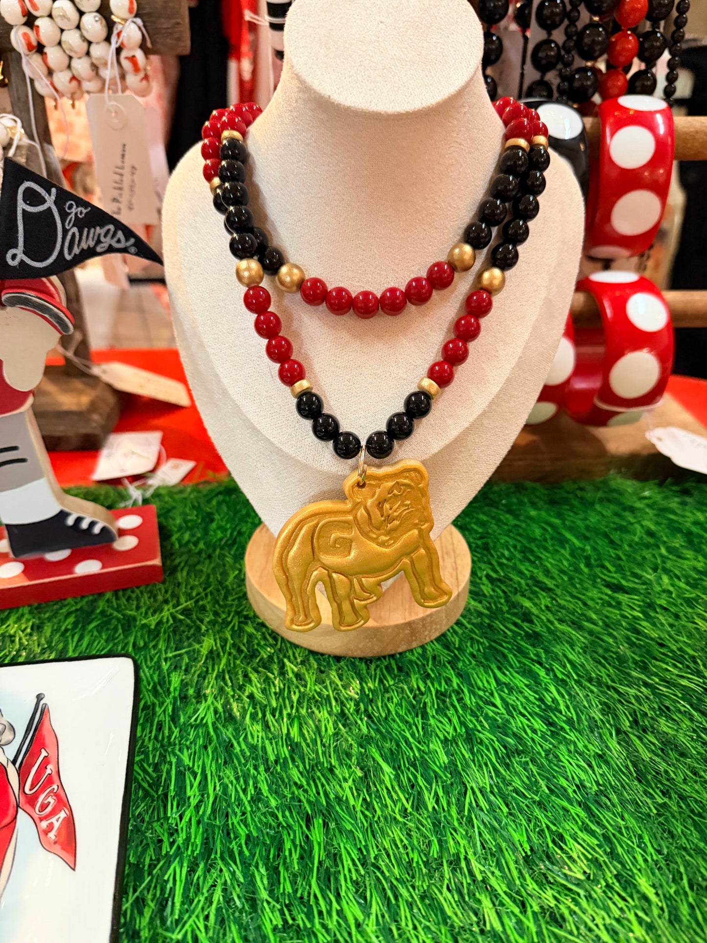 Handmade gold bulldog double strand necklace