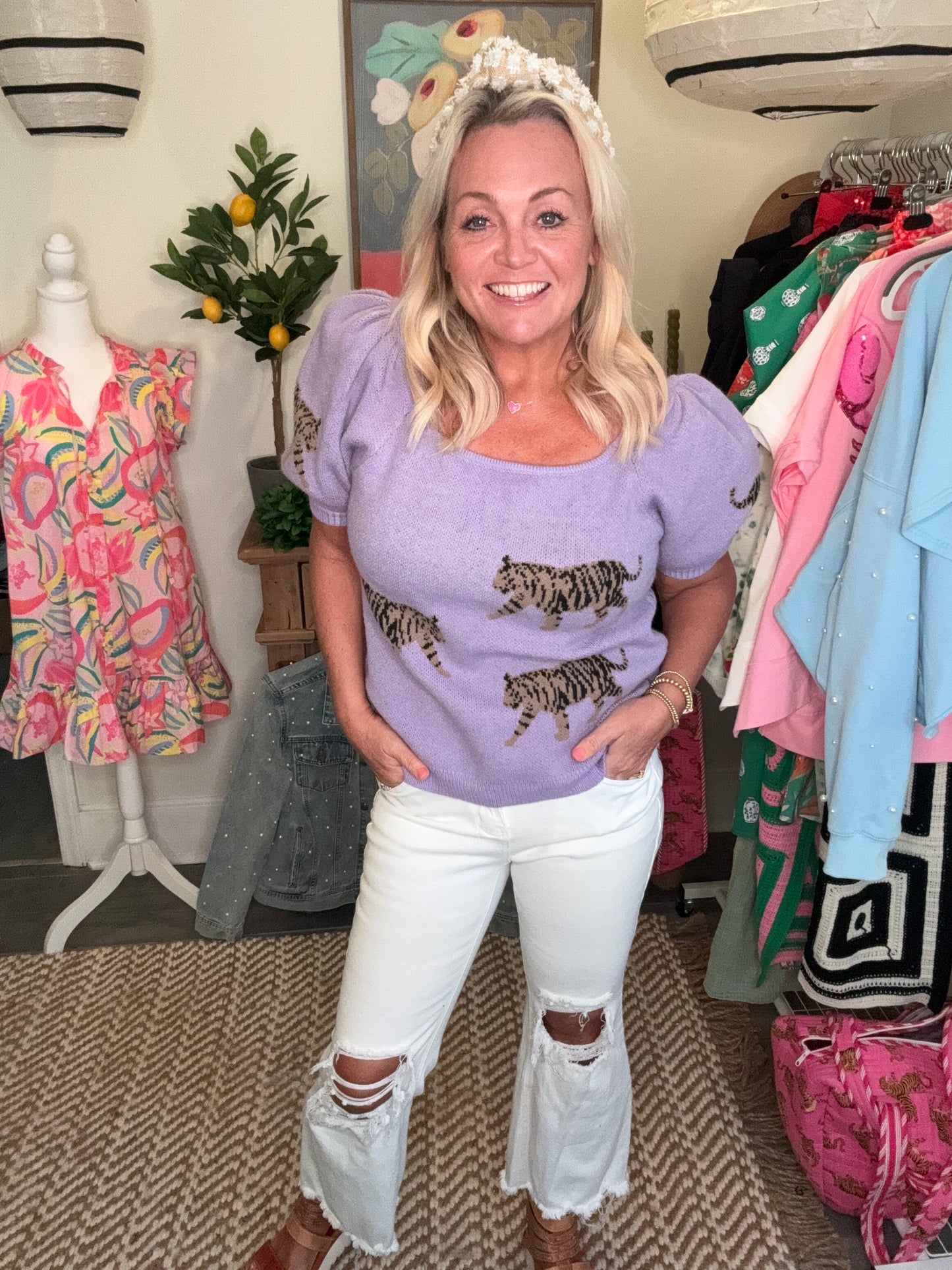 Lavender tiger short sleeve sweater warehouse sale