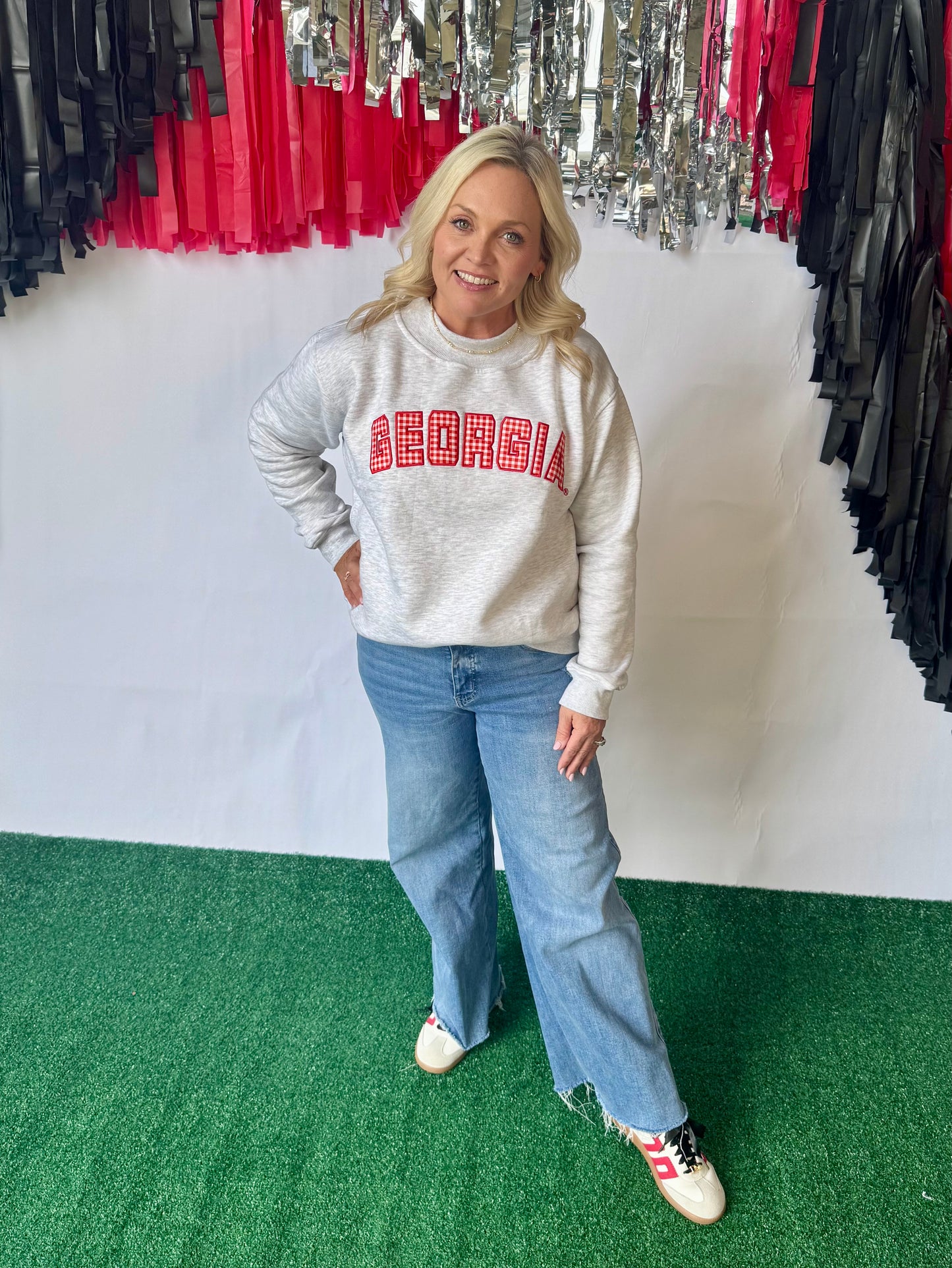 Licensed mock neck ash gray gingham embroidered Georgia