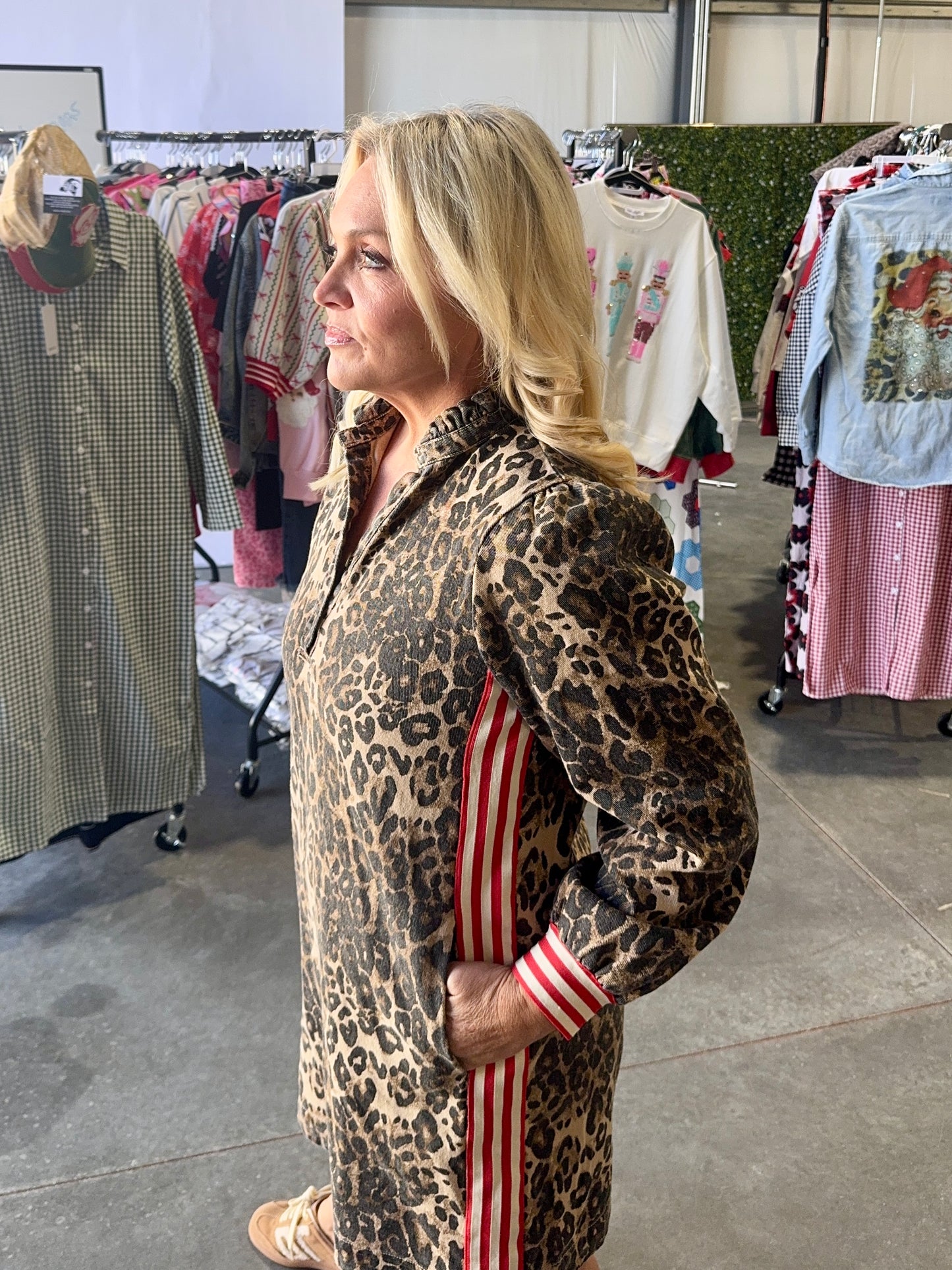 Leopard dress with stipe detail