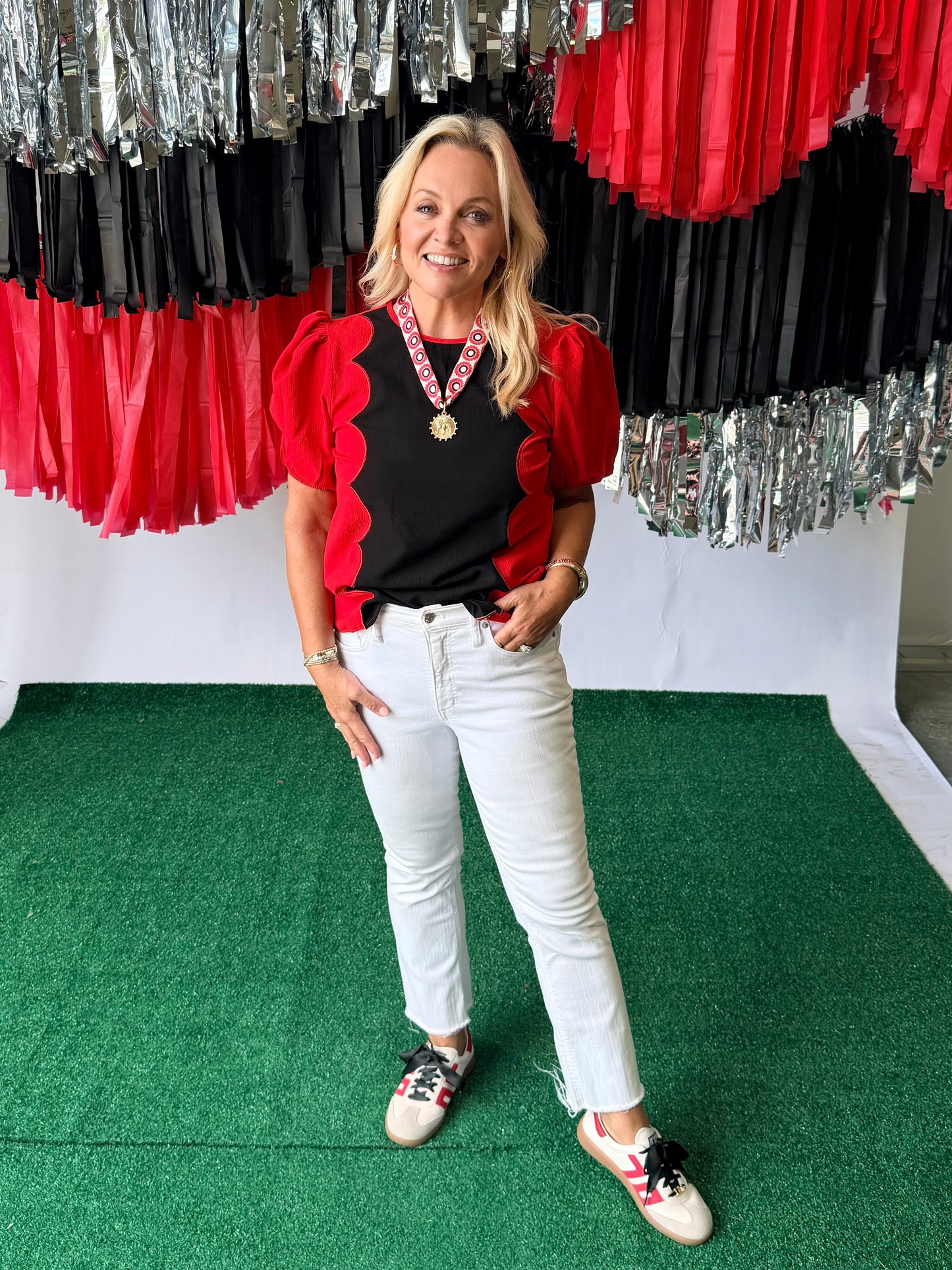 Wave scalloped black and red blouse