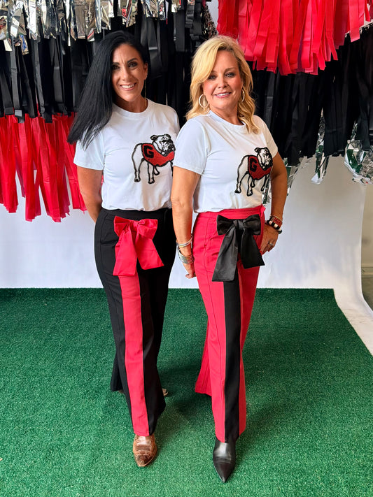 Red pants with black silk how