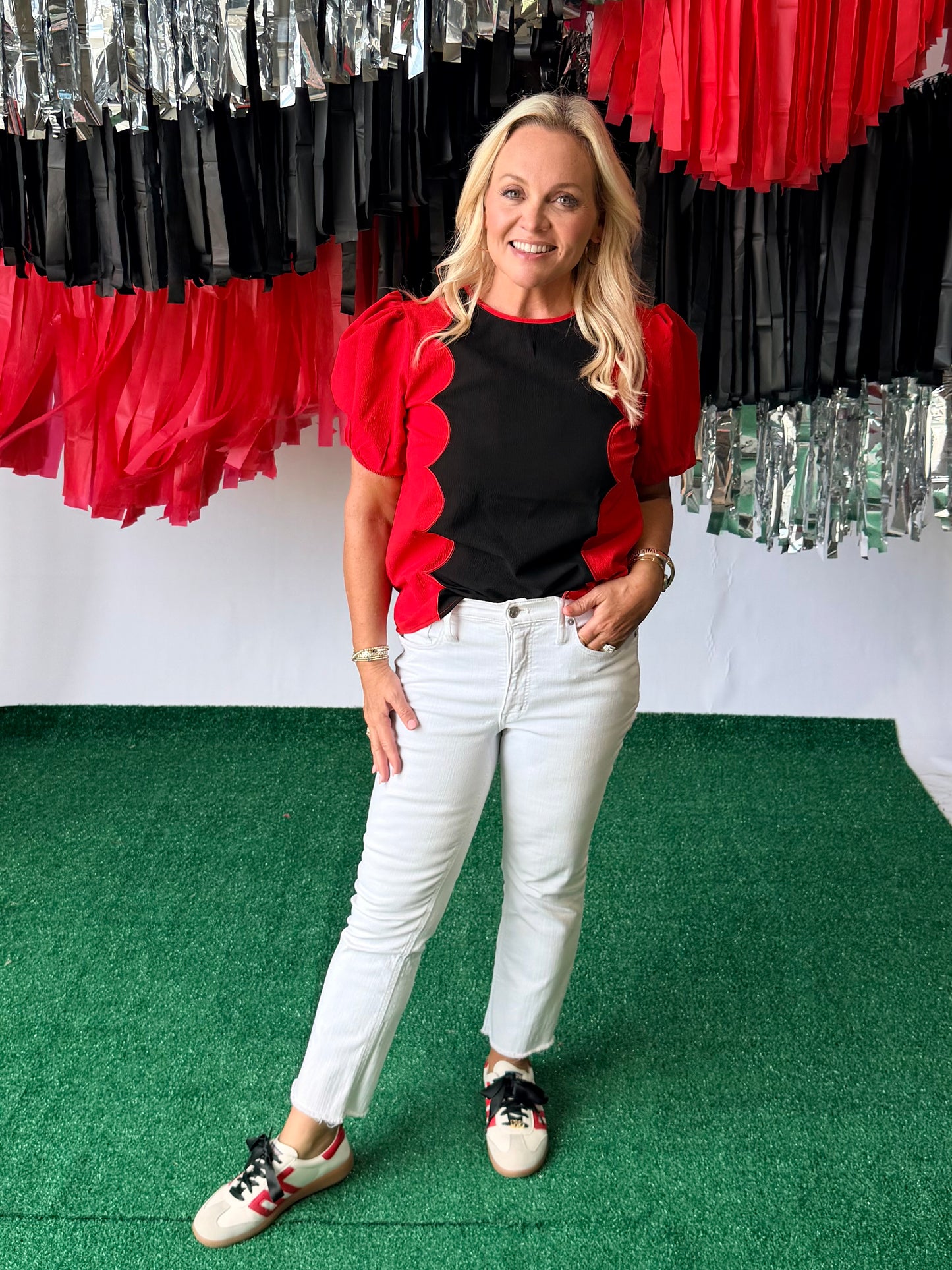 Wave scalloped black and red blouse
