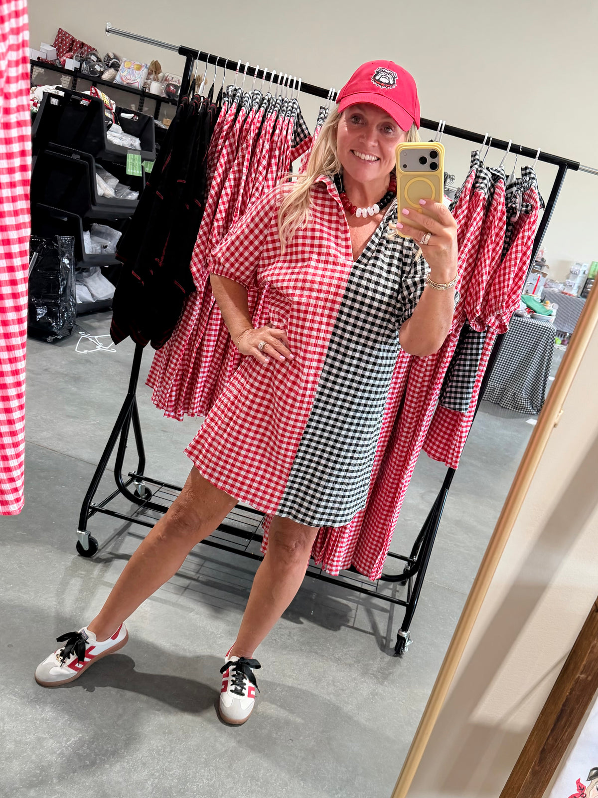 Gingham black and red and white shorter version dress