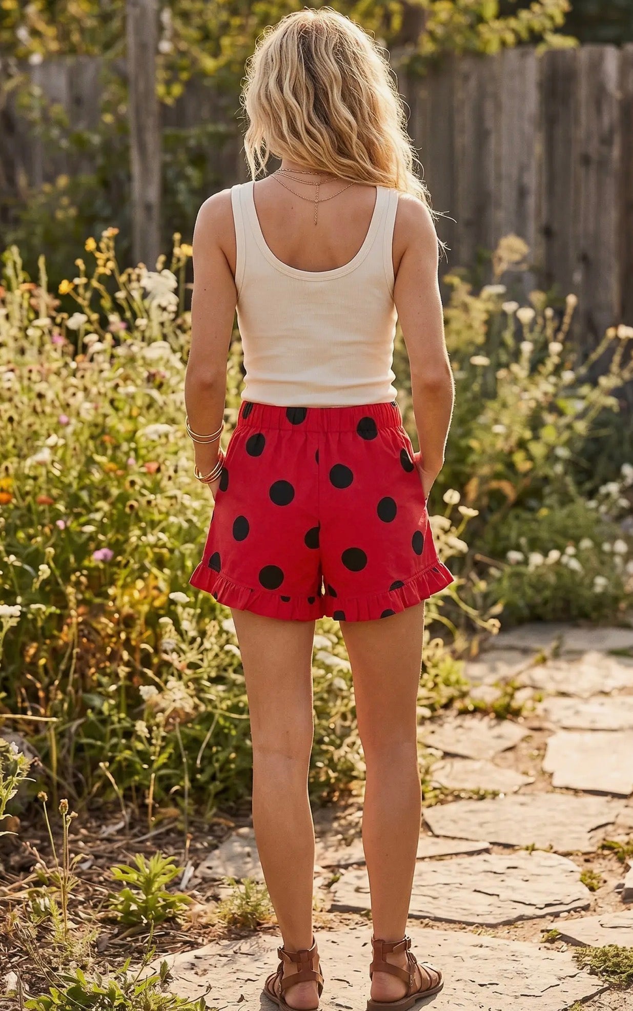 Ruffle game day red and black polka dot shorts
