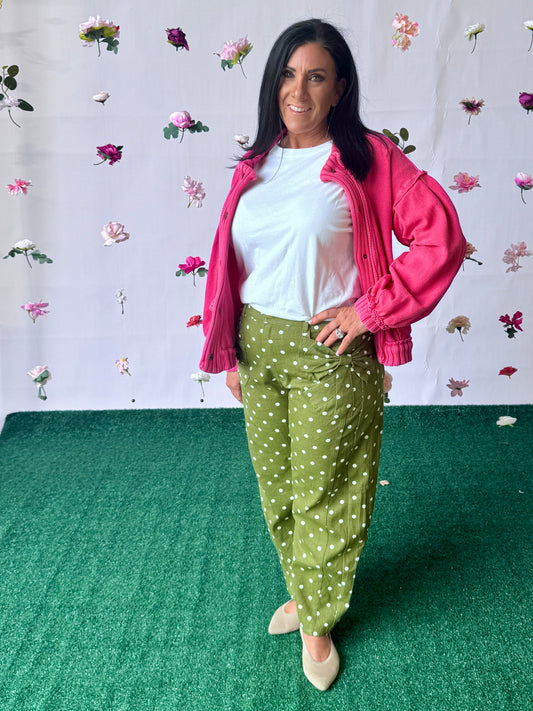 Olive green polka dot barrel pants up to 3X