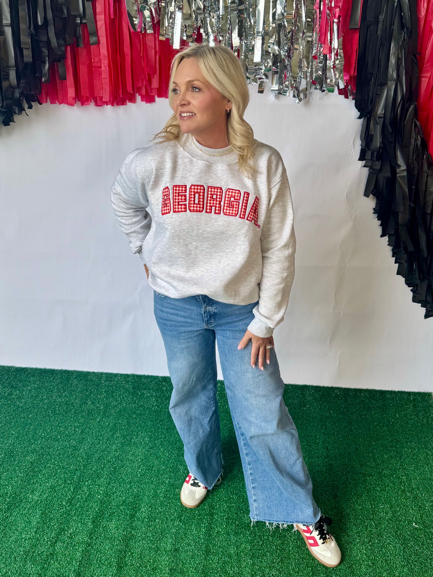 Licensed mock neck ash gray gingham embroidered Georgia