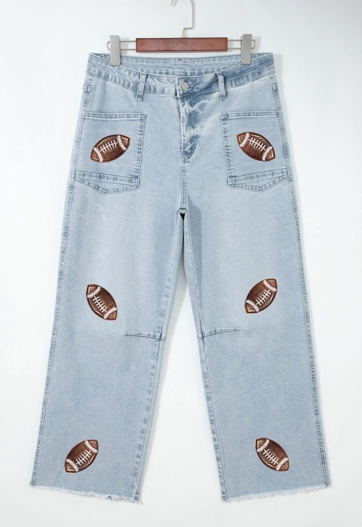 Denim jeans brown football patch. Up to plus size