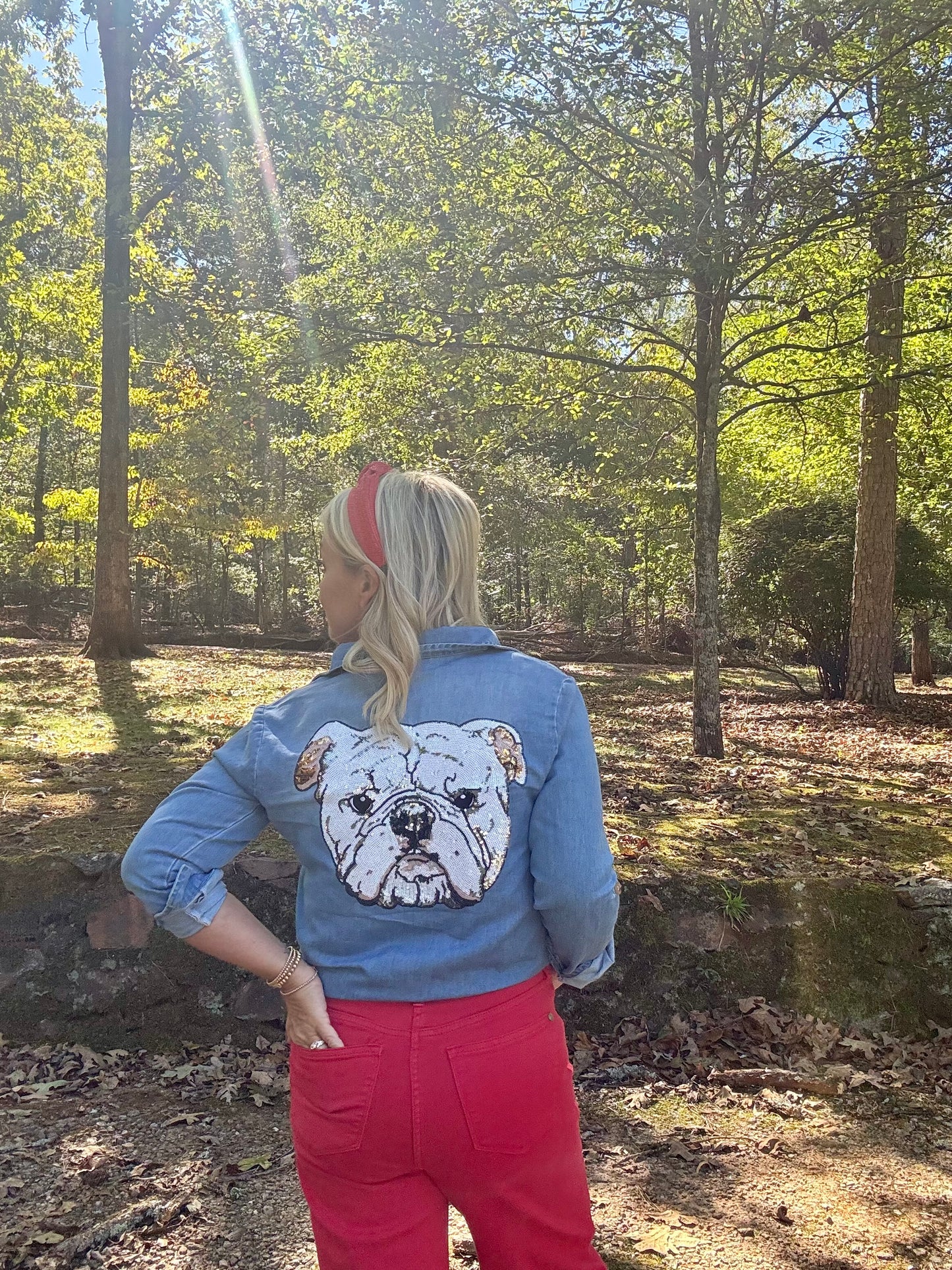 Denim shirt sequin dog - marked these down this week only!