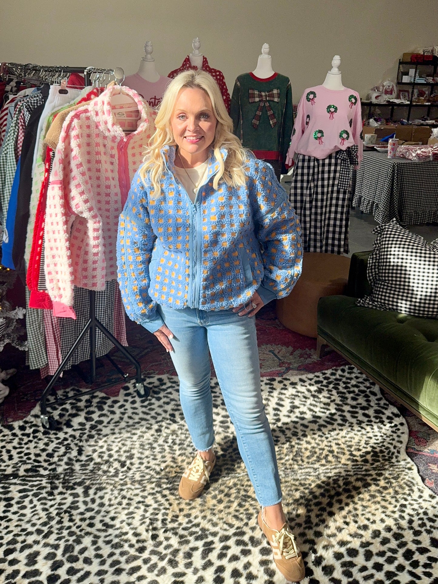 Sherpa checkered jacket blue and gold/mustard