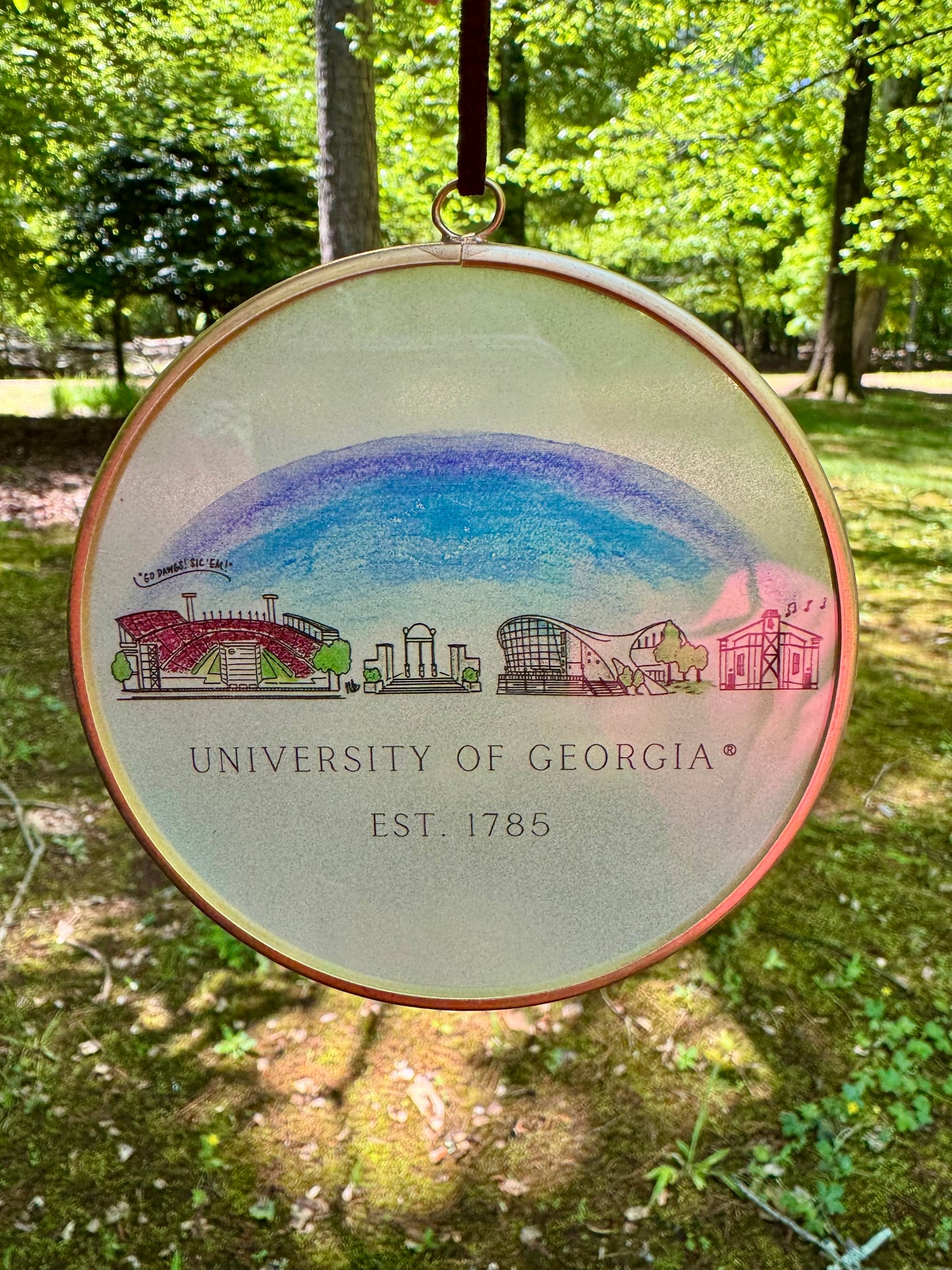 Licensed georgia UGA skyline brass and glass ornament