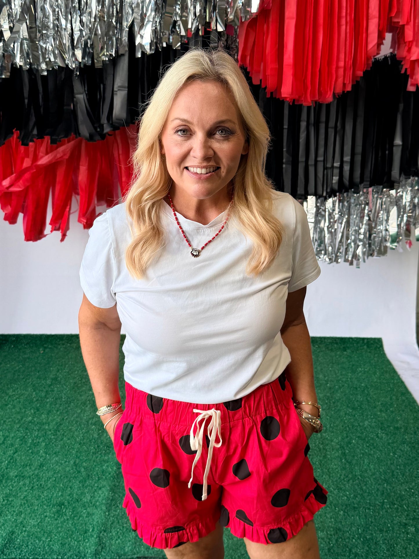 Ruffle game day red and black polka dot shorts