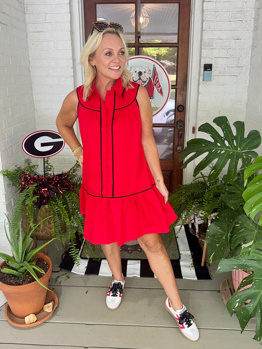 Collared shirt dress red with black trim