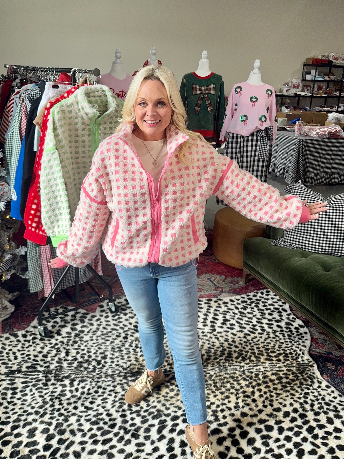 Pink and cream checked Sherpa jacket