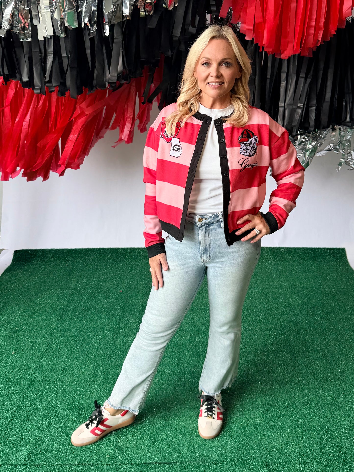Pink and red striped cardigan with patches licensed up to 3X