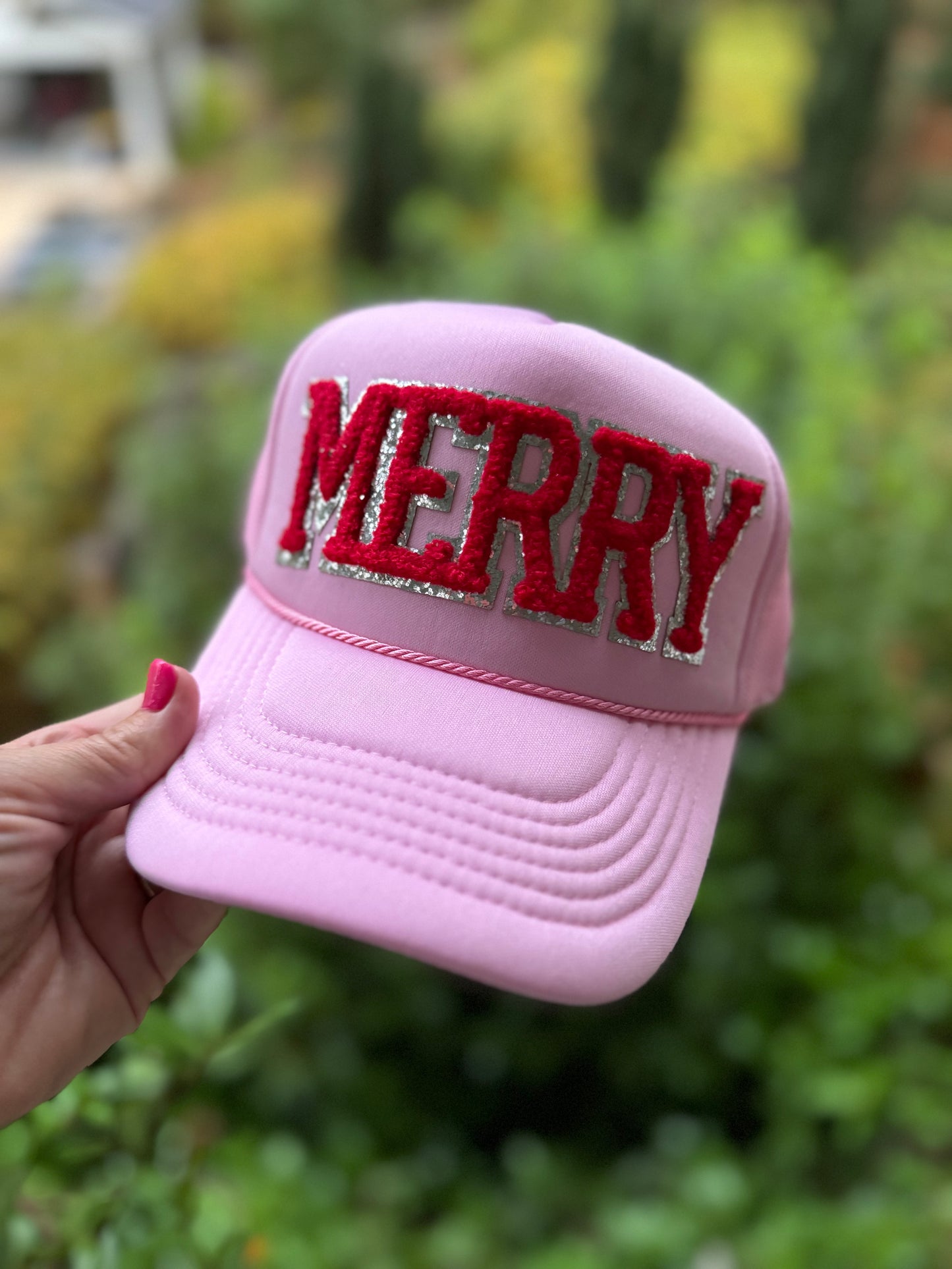 Pink Christmas hat with Merry Patch ( trucker chain sold separately)