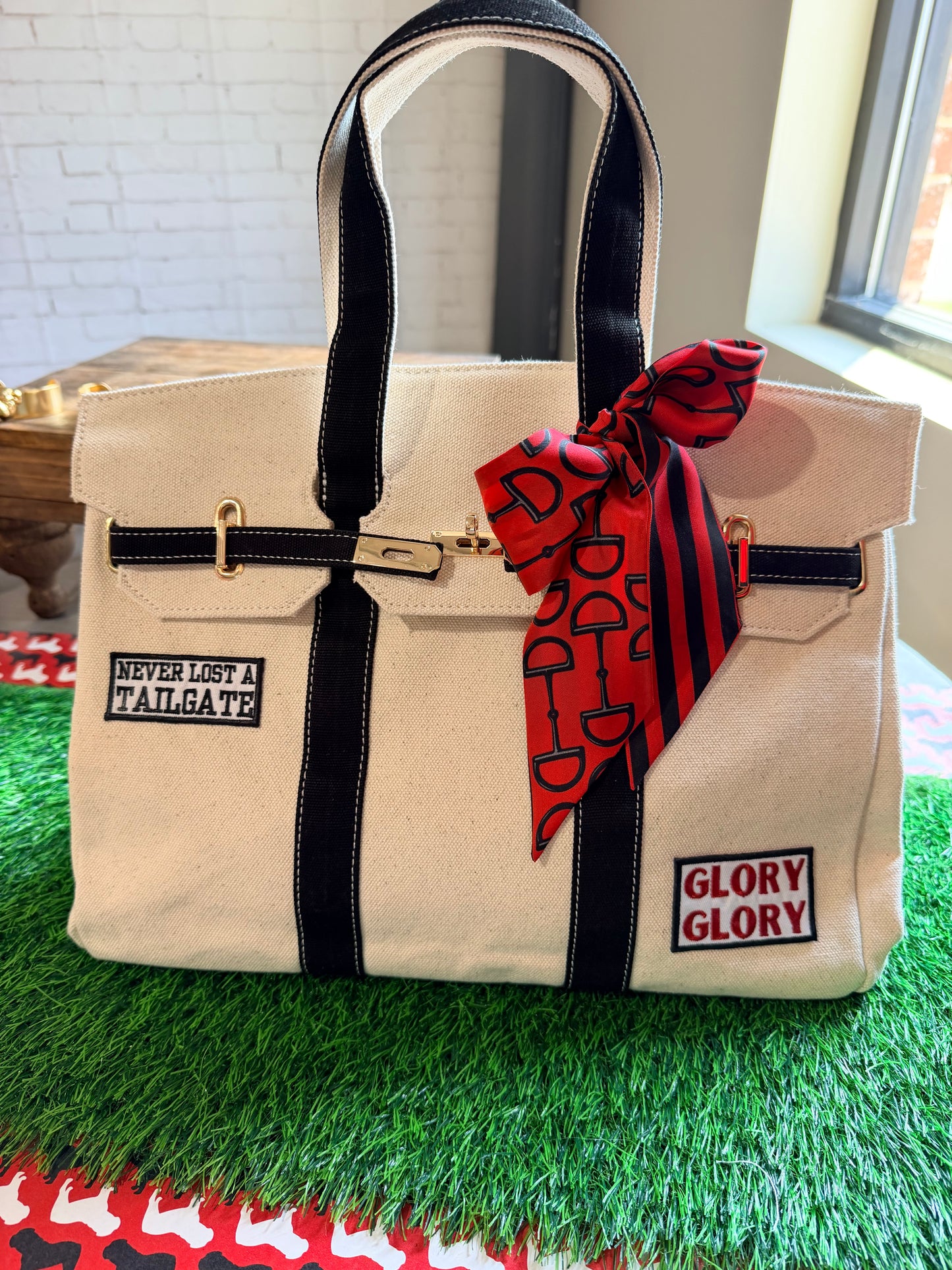 Game day luxury game day tote with patches and scarf exclusive