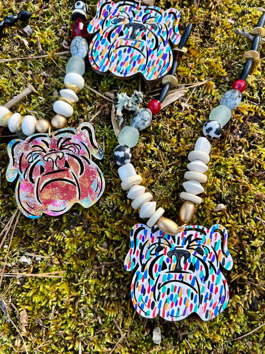 Handmade Artist made wood painted dog necklace with beads