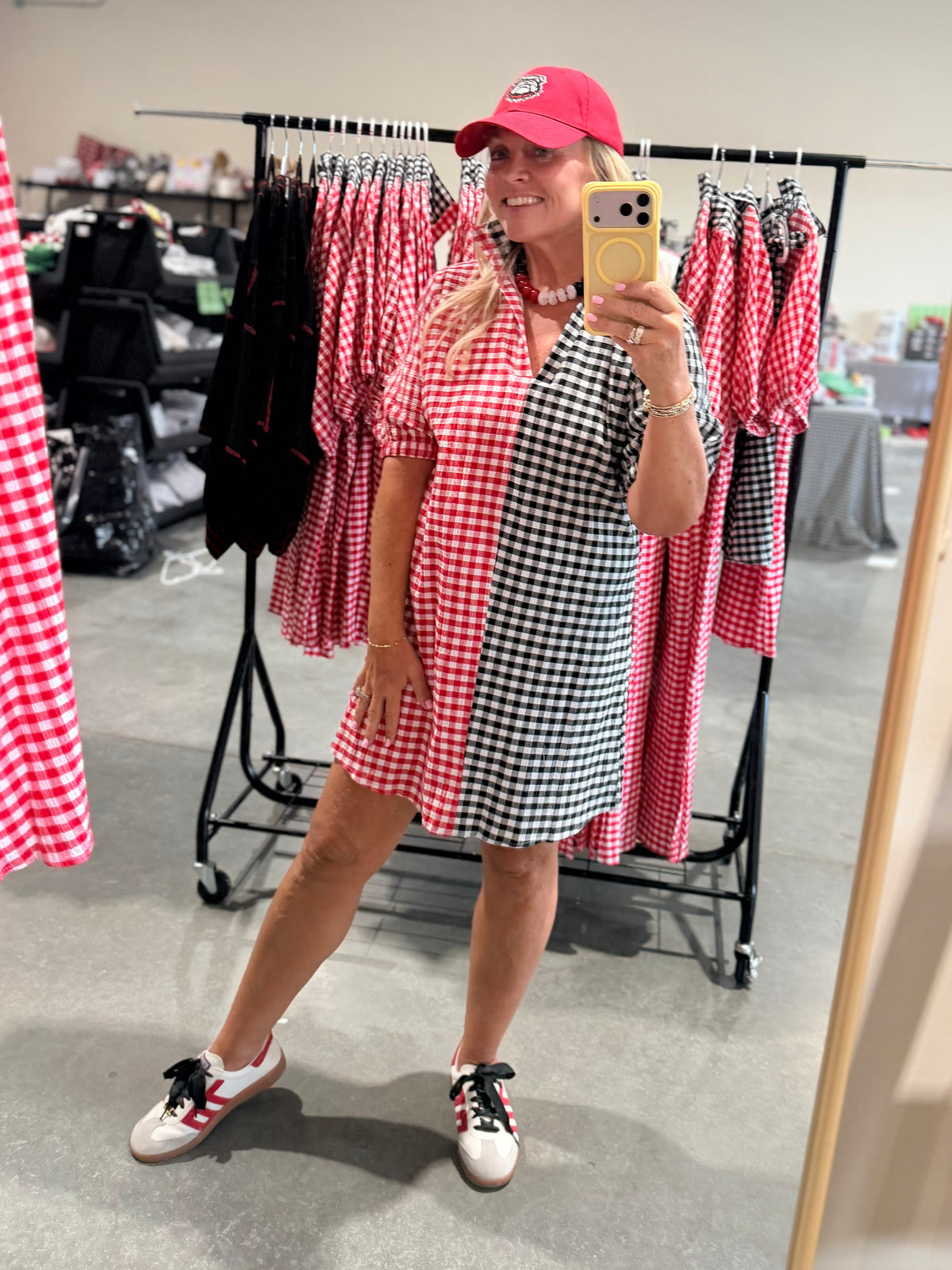 Gingham black and red and white shorter version dress